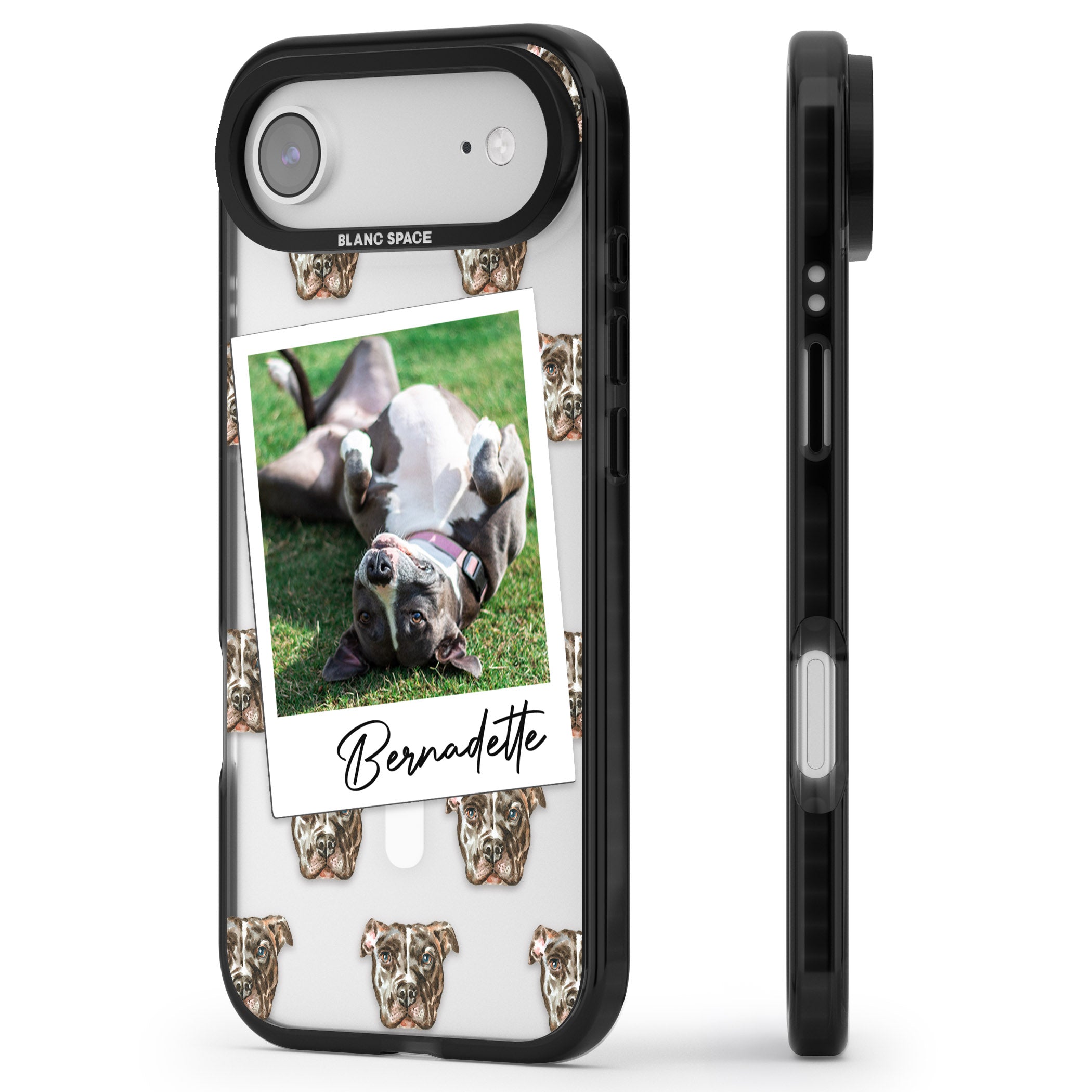 Personalised Staffordshire Bull Terrier Instant Camera Photo iPhone 17 Air Impact Pro Black Phone Case Side Profile