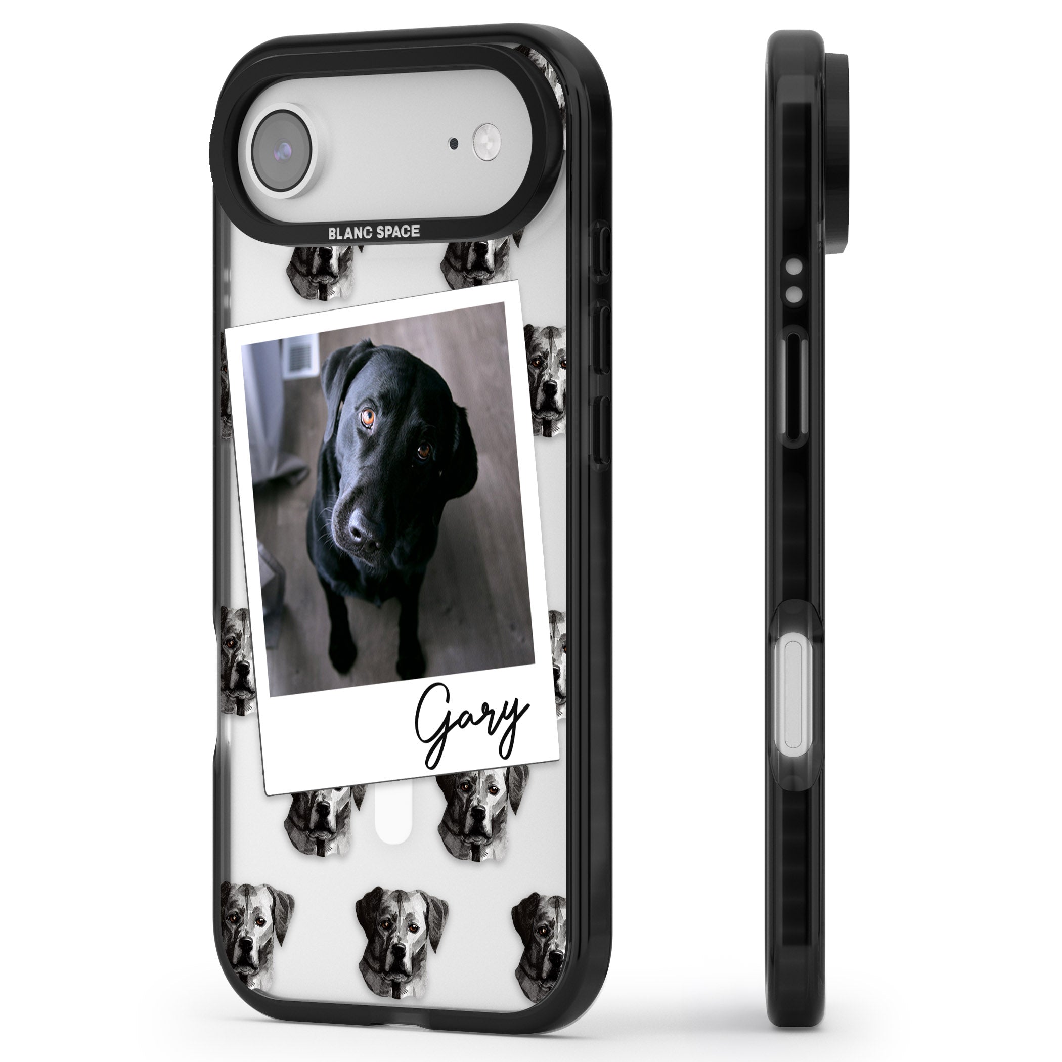 Personalised Black Labrador Instant Camera Photo iPhone 17 Air Impact Pro Black Phone Case Side Profile