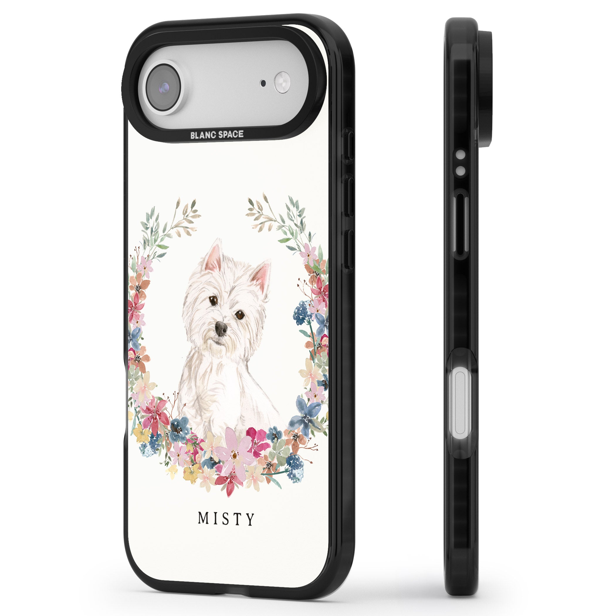 Personalised Westie Floral Portrait iPhone 17 Air Impact Pro Black Phone Case Side Profile