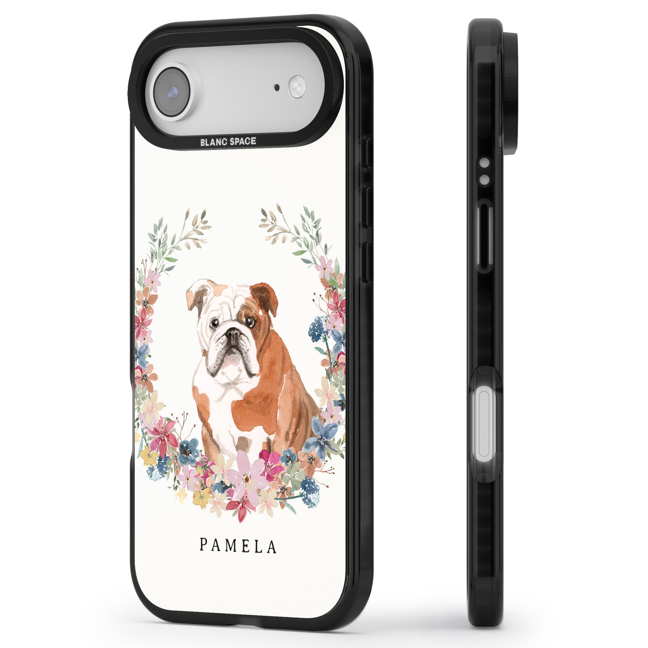 Personalised English Bulldog Floral Portrait iPhone 17 Air Impact Pro Black Phone Case Side Profile