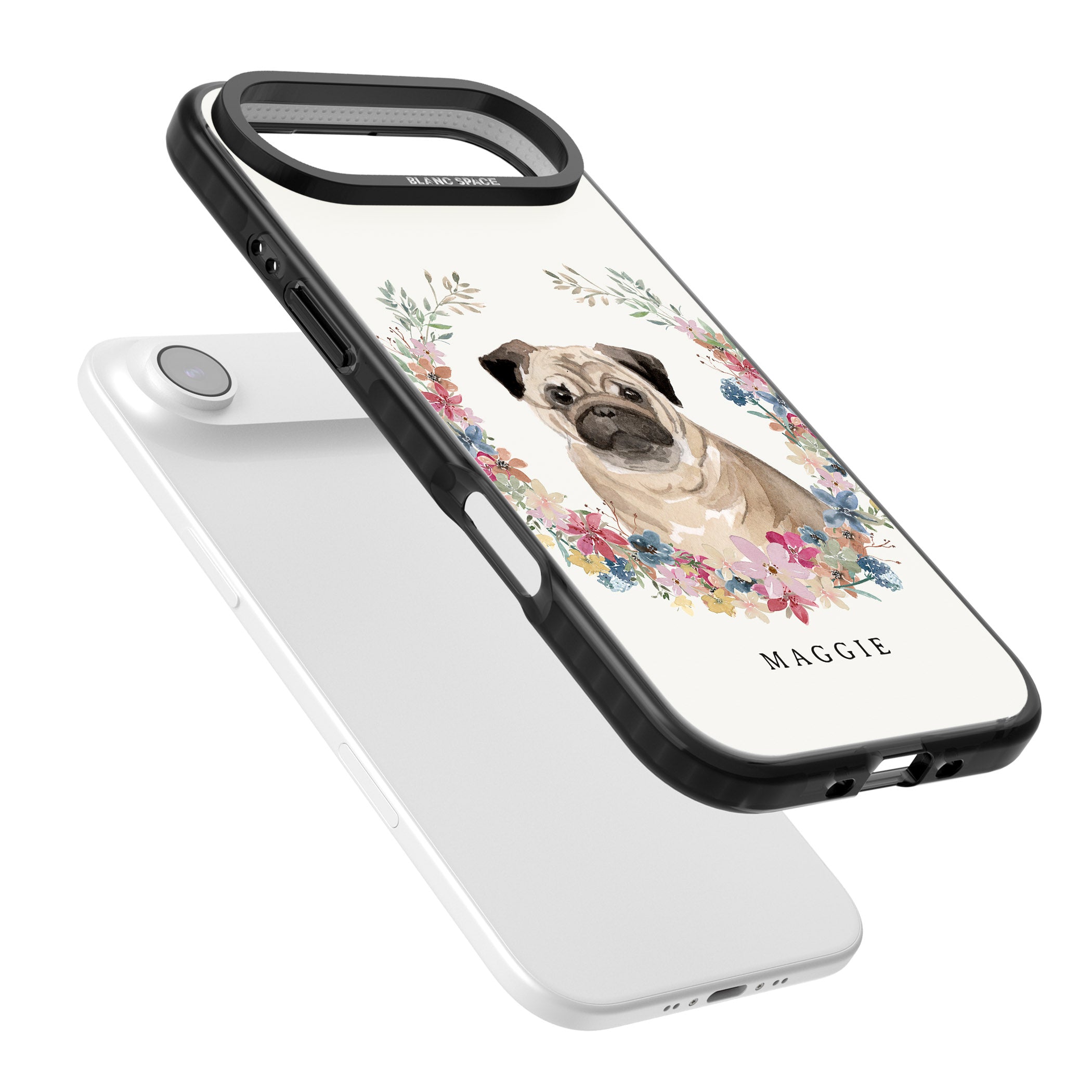 Personalised Pug Floral Portrait iPhone 17 Air Impact Pro Black Phone Case Colours