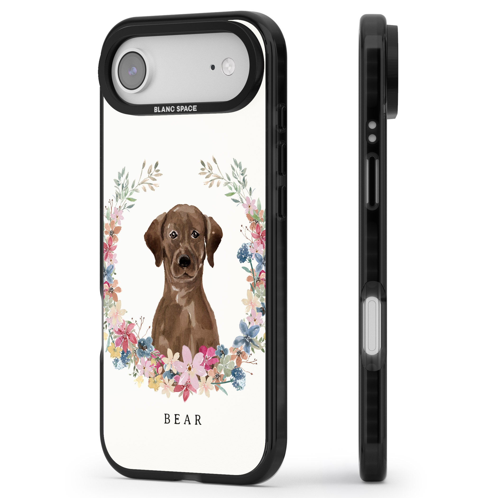 Personalised Chocolate Labrador Floral Portrait iPhone 17 Air Impact Pro Black Phone Case Side Profile