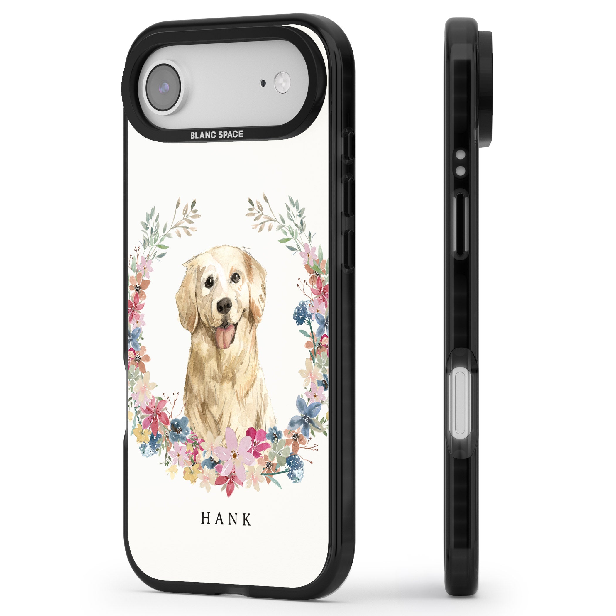 Personalised Golden Retriever Floral Portrait iPhone 17 Air Impact Pro Black Phone Case Side Profile