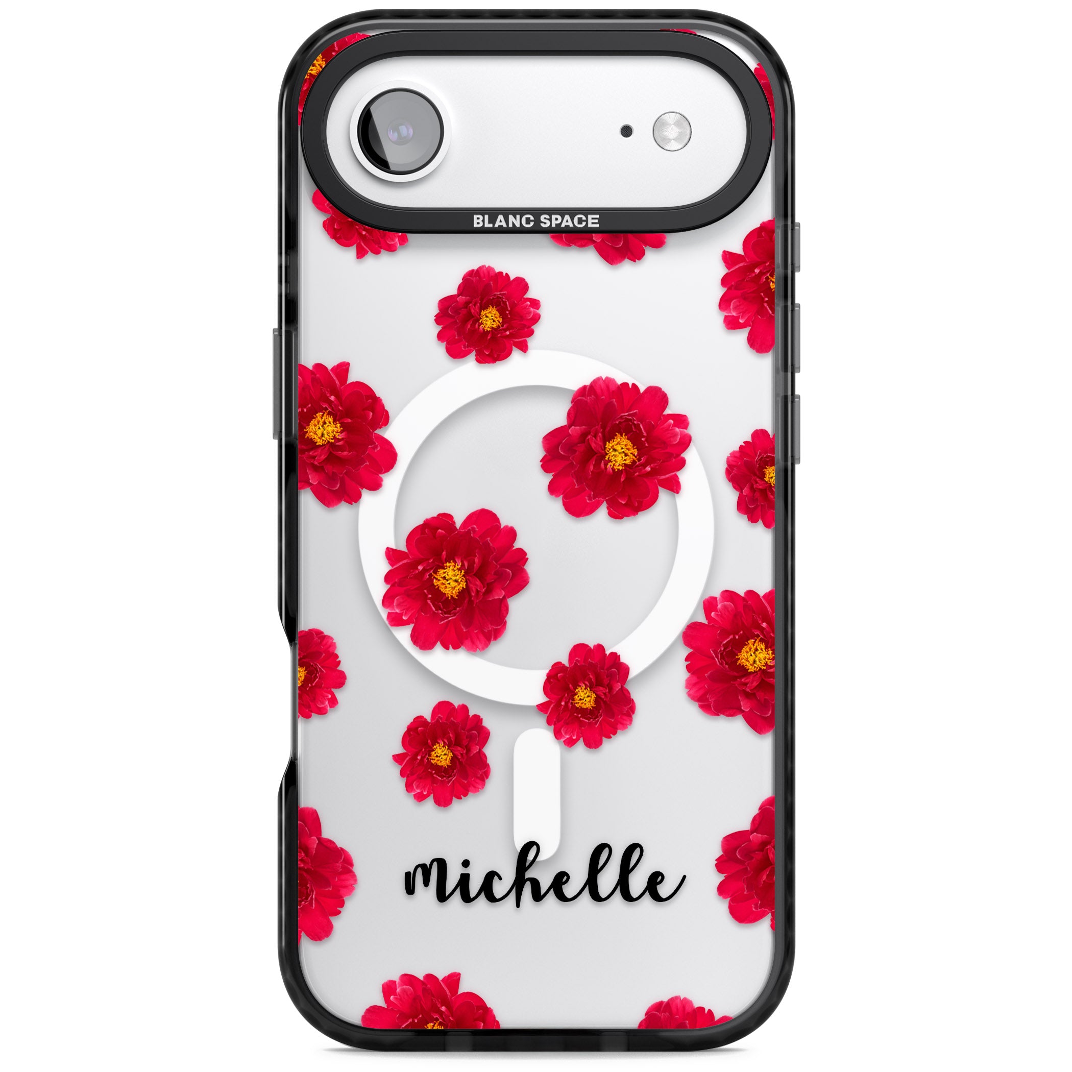 Personalised Red Peonies & Cursive iPhone 17 Air Impact Pro Black Phone Case