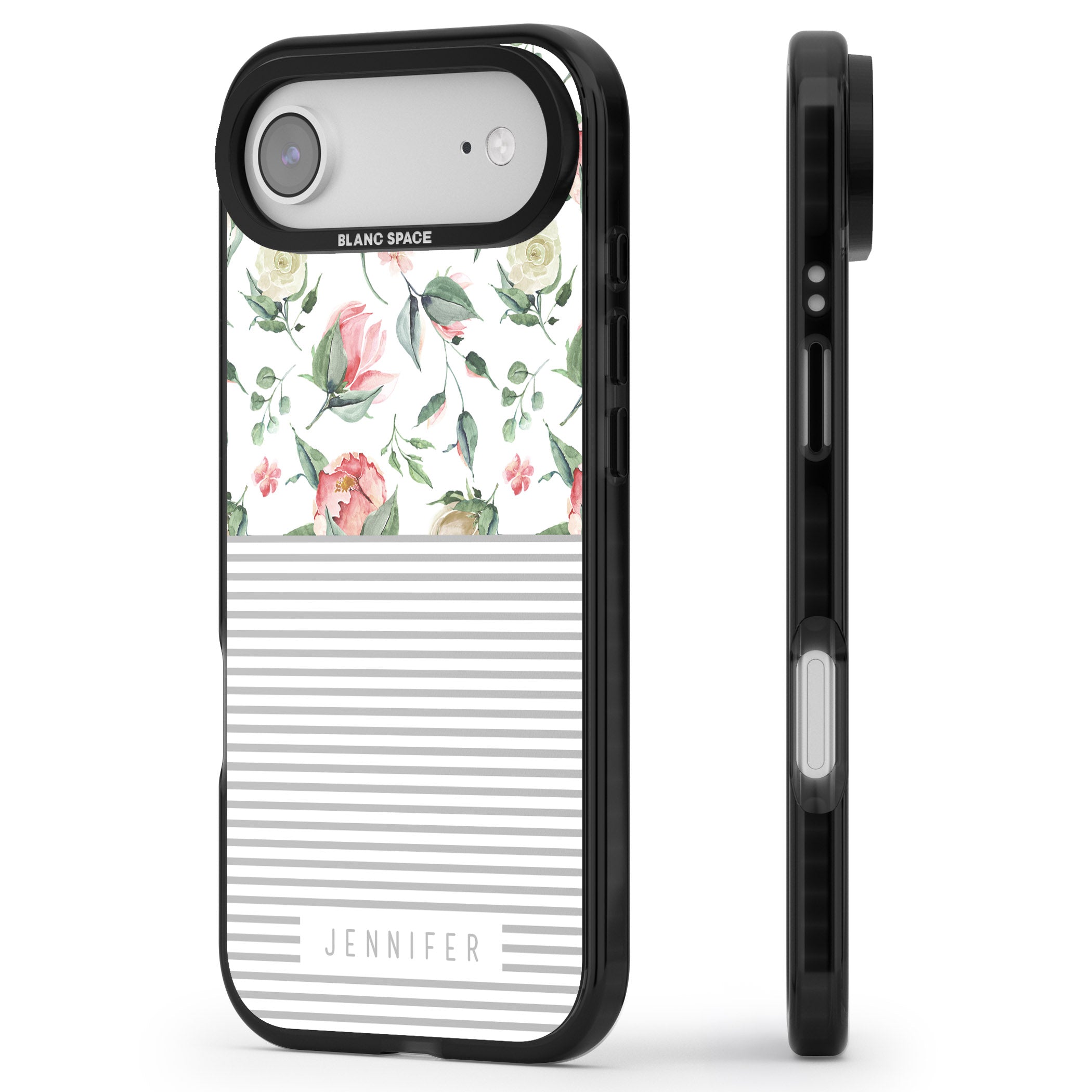 Personalised Light Floral Pattern & Stripes iPhone 17 Air Impact Pro Black Phone Case Side Profile