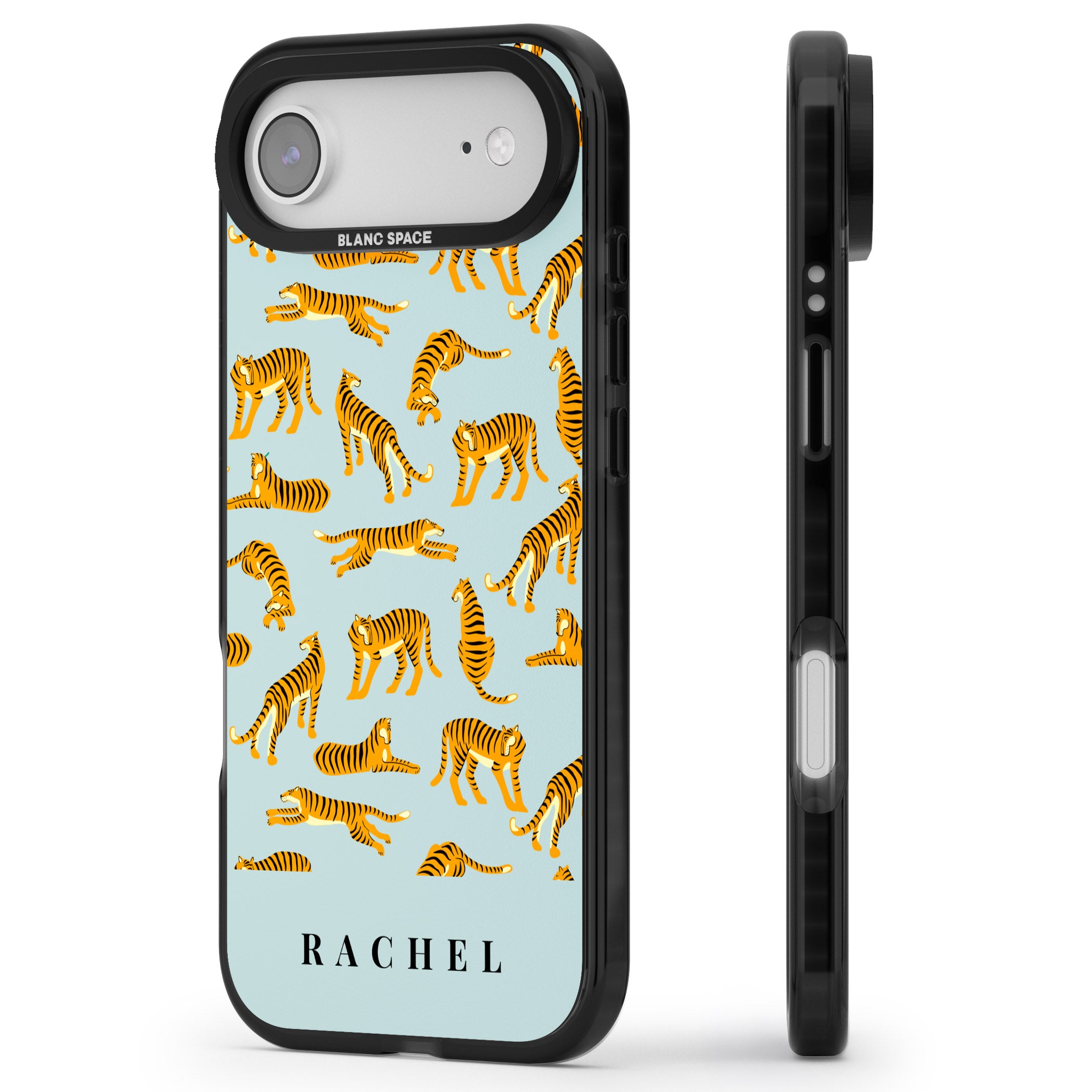 Personalised Turquoise Tiger Pattern iPhone 17 Air Impact Pro Black Phone Case Side Profile