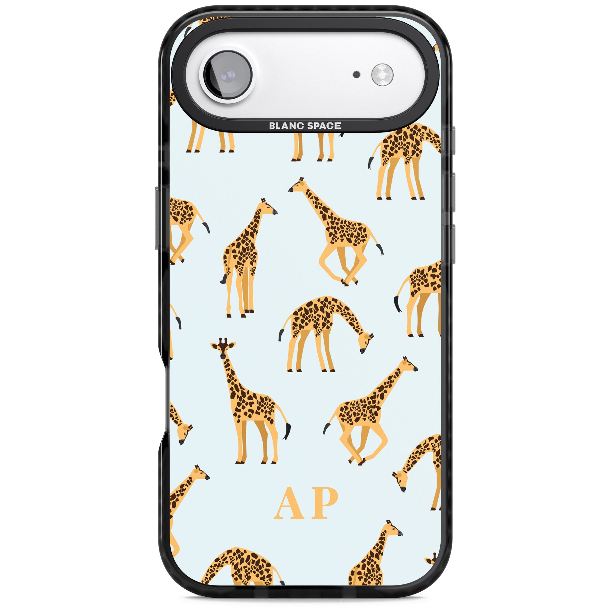 Personalised Safari Giraffe Pattern On Blue iPhone 17 Air Impact Pro Black Phone Case