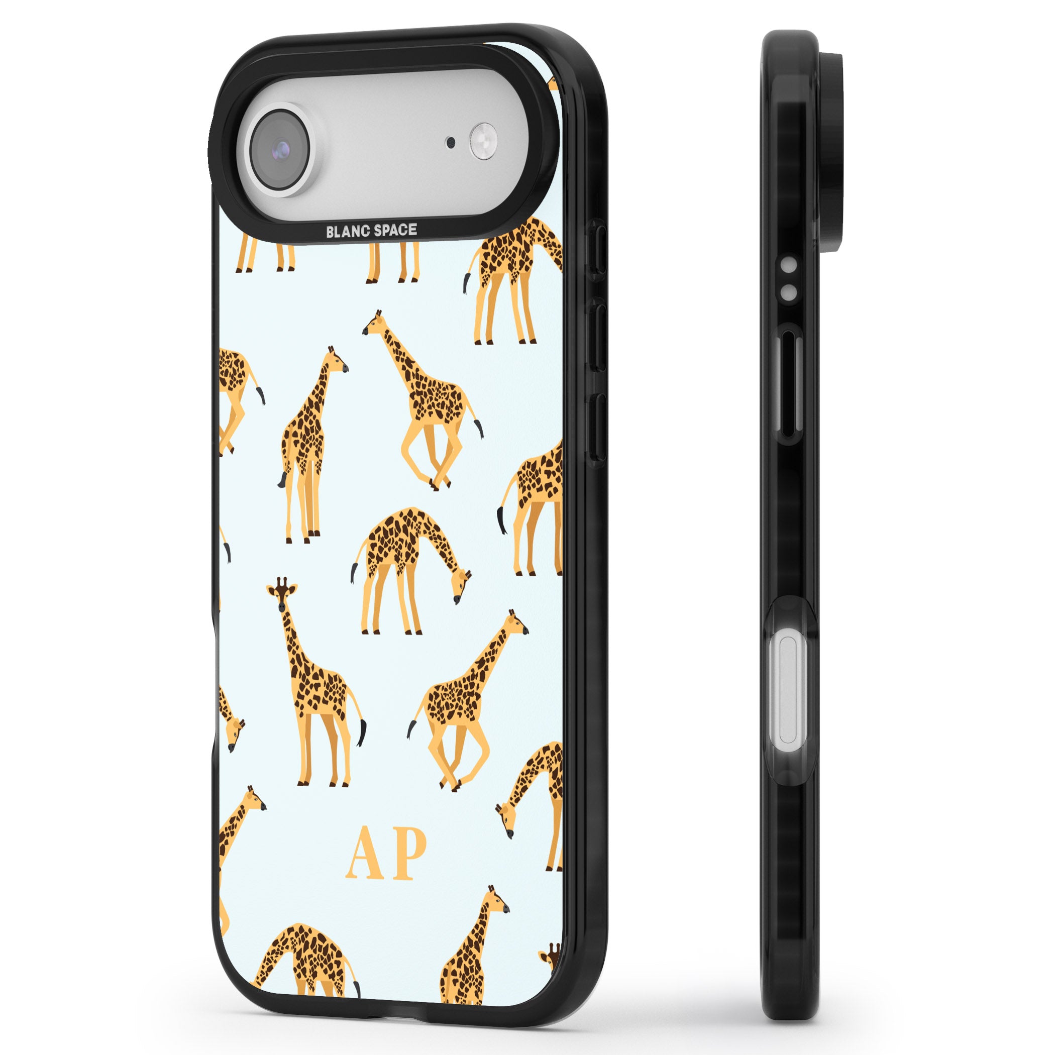 Personalised Safari Giraffe Pattern On Blue iPhone 17 Air Impact Pro Black Phone Case Side Profile