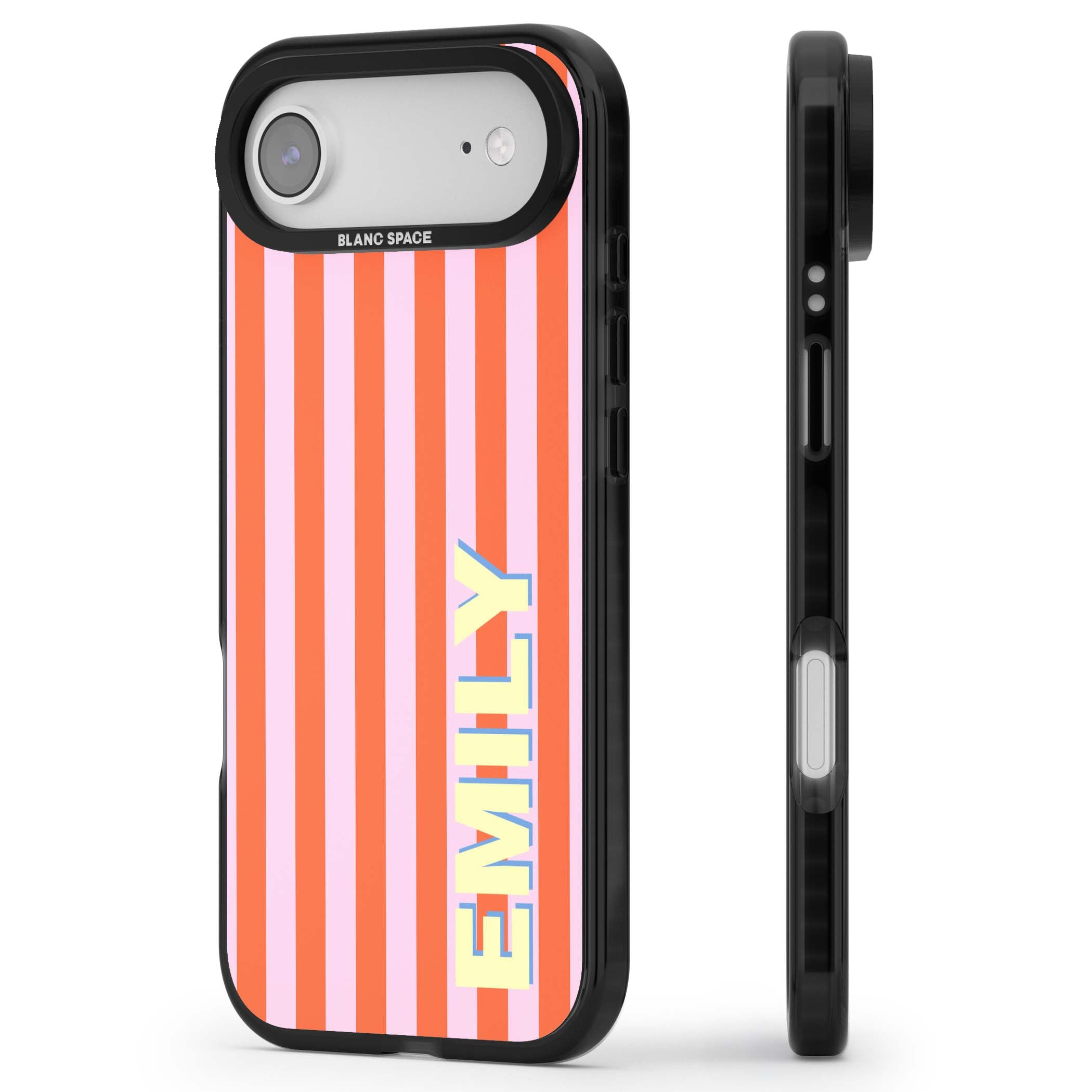 Havana Stripe personalised iPhone case featuring pink and orange vertical stripes with a custom yellow name | Black Impact Magsafe case for iPhone Air