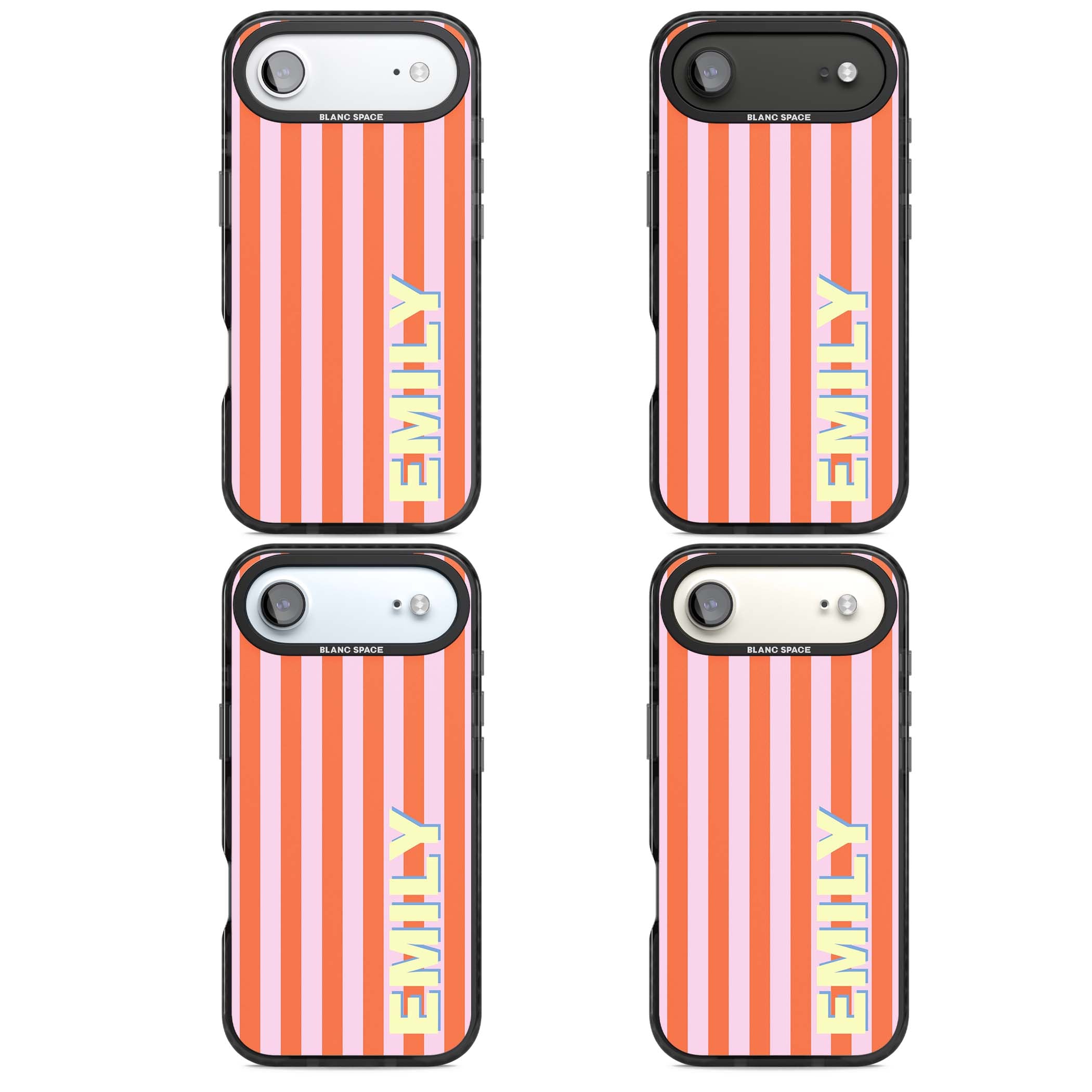 Havana Stripe personalised iPhone case featuring pink and orange vertical stripes with a custom yellow name | Black Impact Magsafe case for iPhone Air