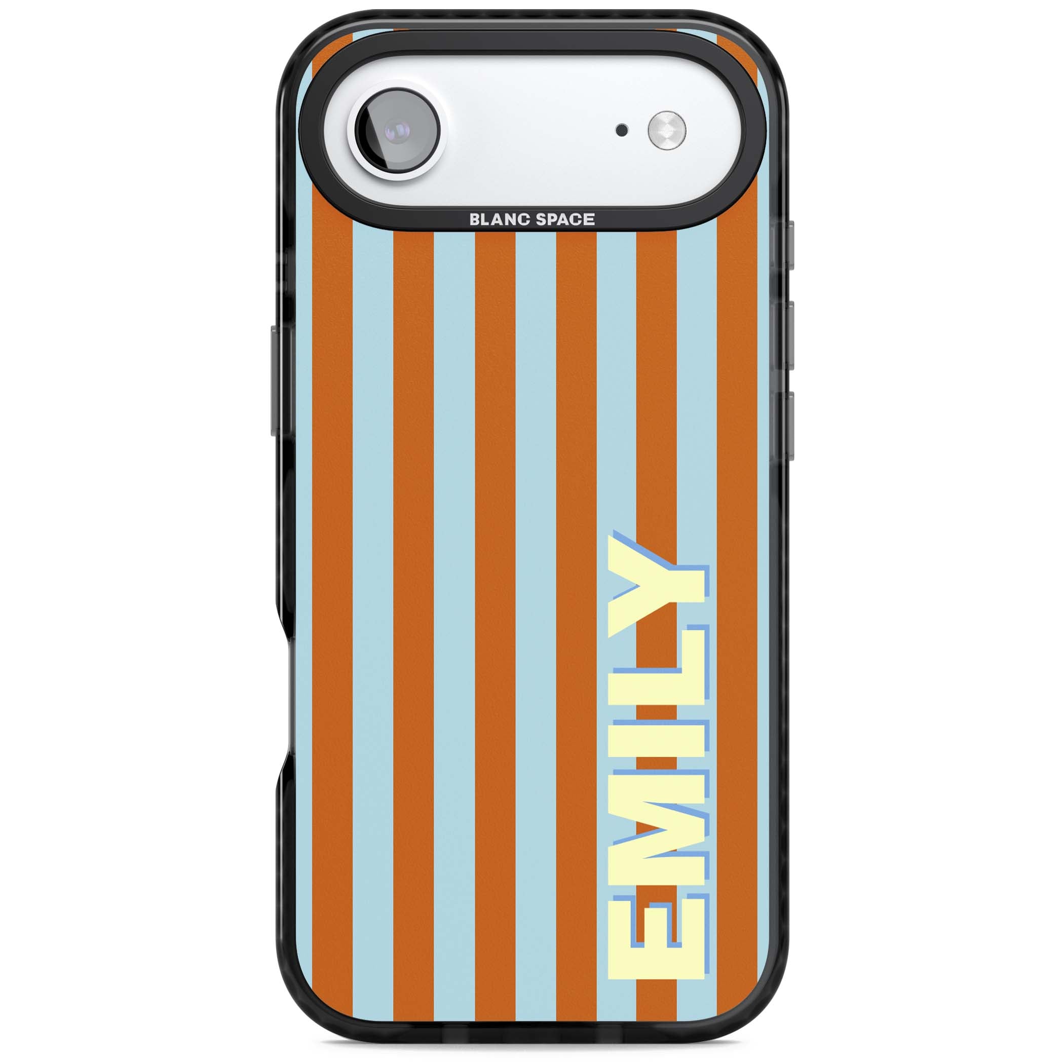 Cappadocia Stripe personalised coastal iPhone case featuring blue and orange vertical stripes with custom cream name | Black Impact Magsafe case for iPhone Air