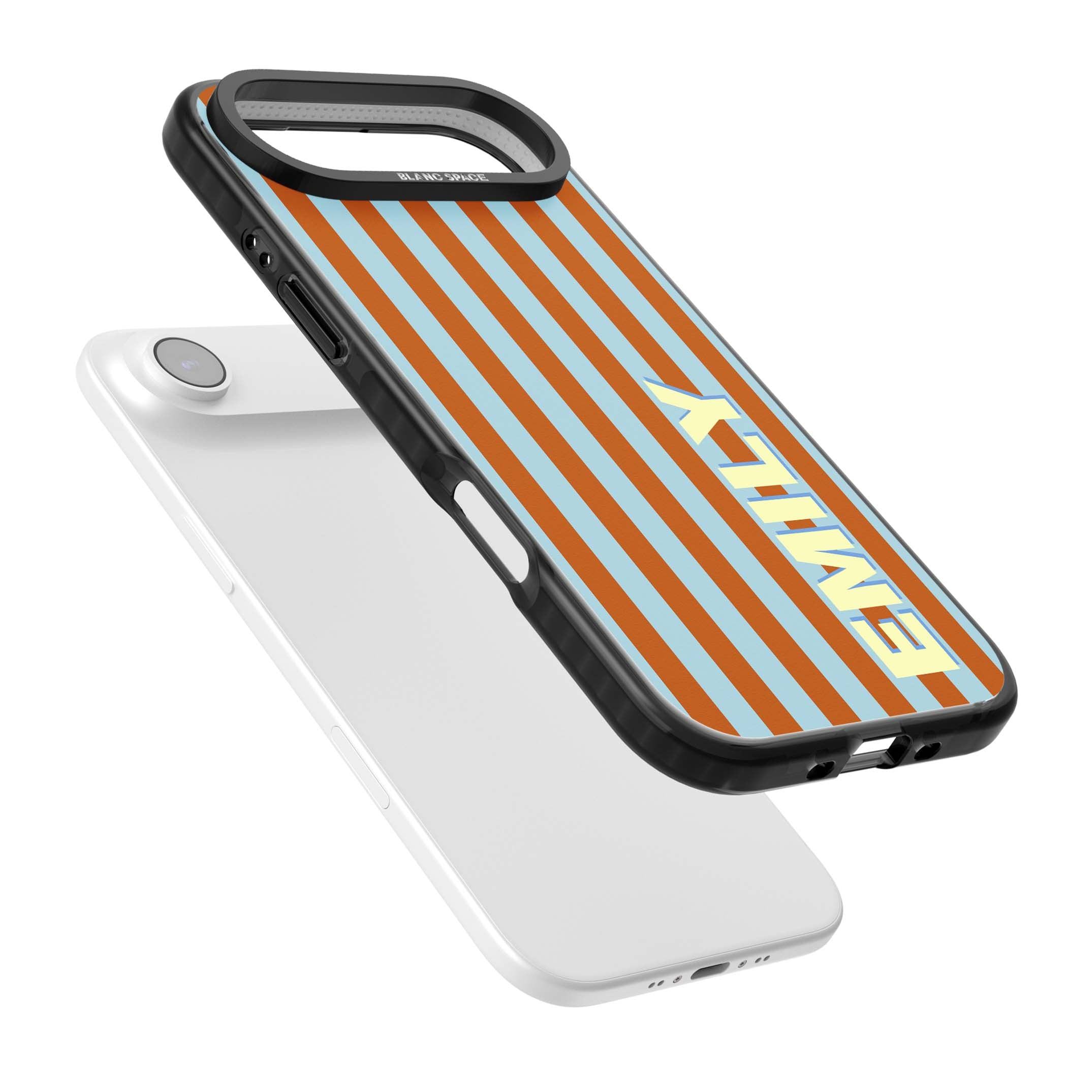 Cappadocia Stripe personalised coastal iPhone case featuring blue and orange vertical stripes with custom cream name | Black Impact Magsafe case for iPhone Air