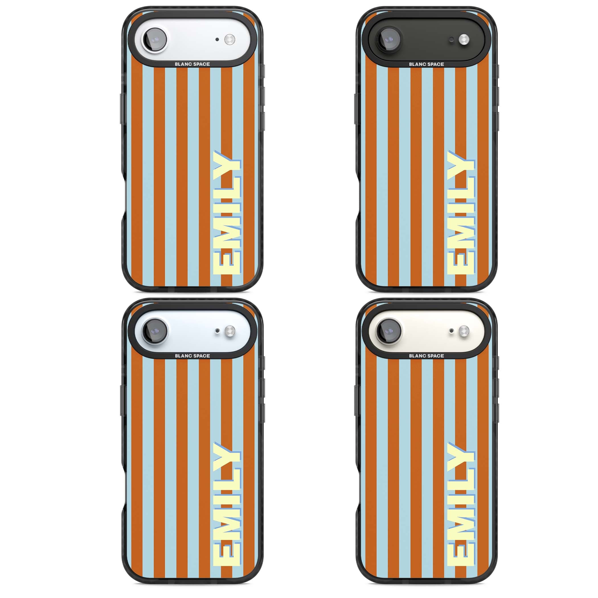 Cappadocia Stripe personalised coastal iPhone case featuring blue and orange vertical stripes with custom cream name | Black Impact Magsafe case for iPhone Air