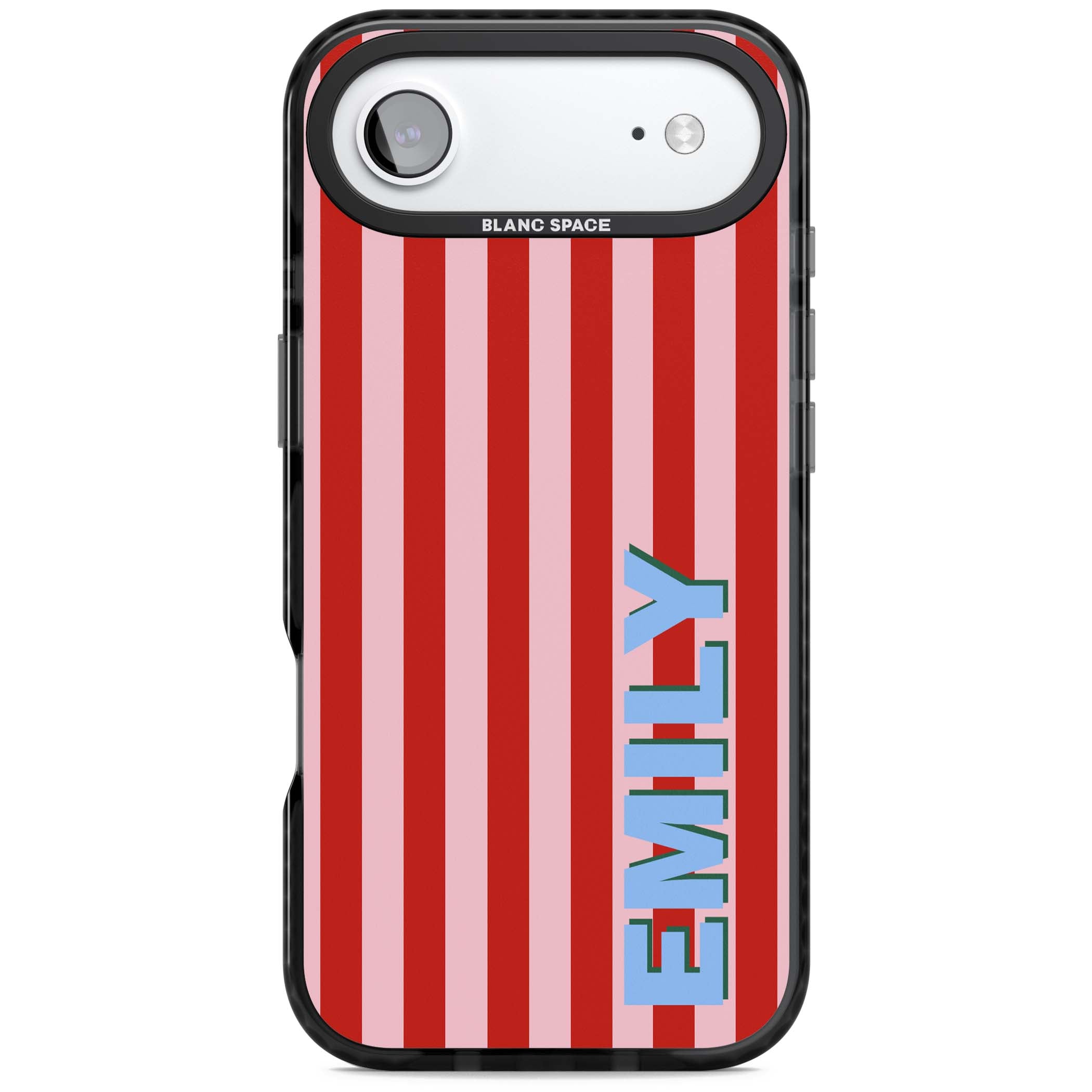 Market Stripe personalised iPhone case with red and pink vertical stripes and custom blue name | Black Impact Magsafe case for iPhone Air