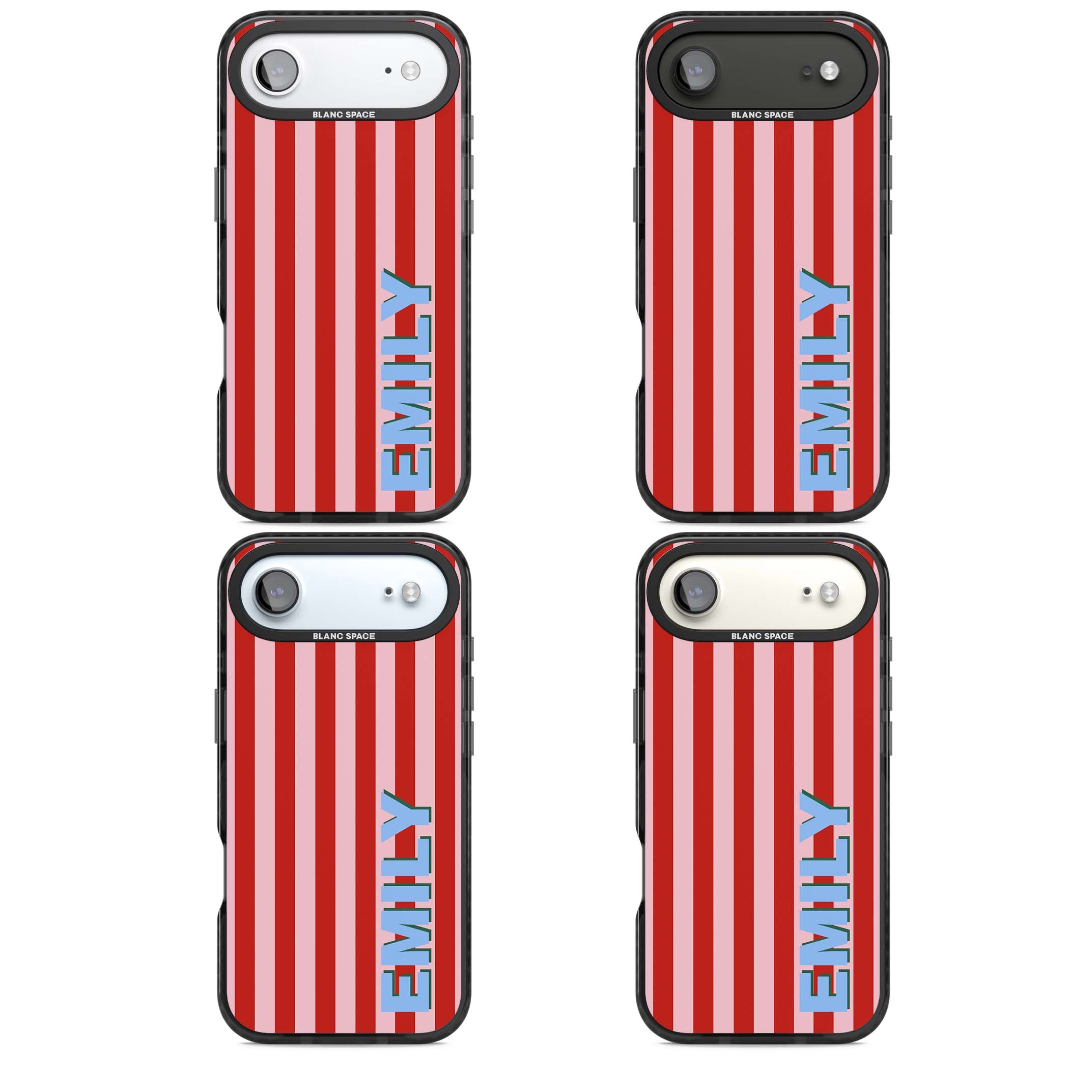 Market Stripe personalised iPhone case with red and pink vertical stripes and custom blue name | Black Impact Magsafe case for iPhone Air