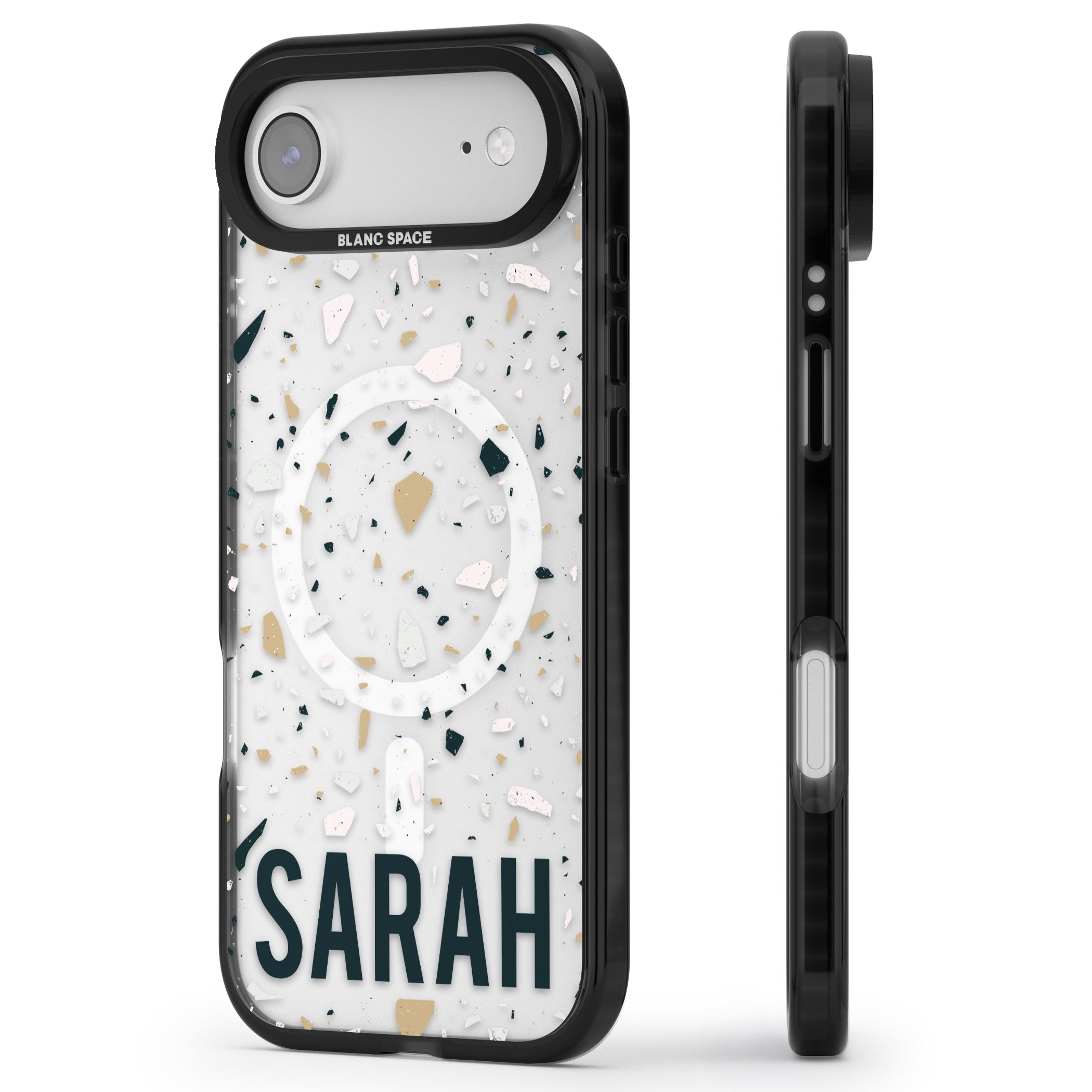 Personalised Terrazzo Blue, Pink, Brown iPhone 17 Air Impact Pro Black Phone Case Side Profile