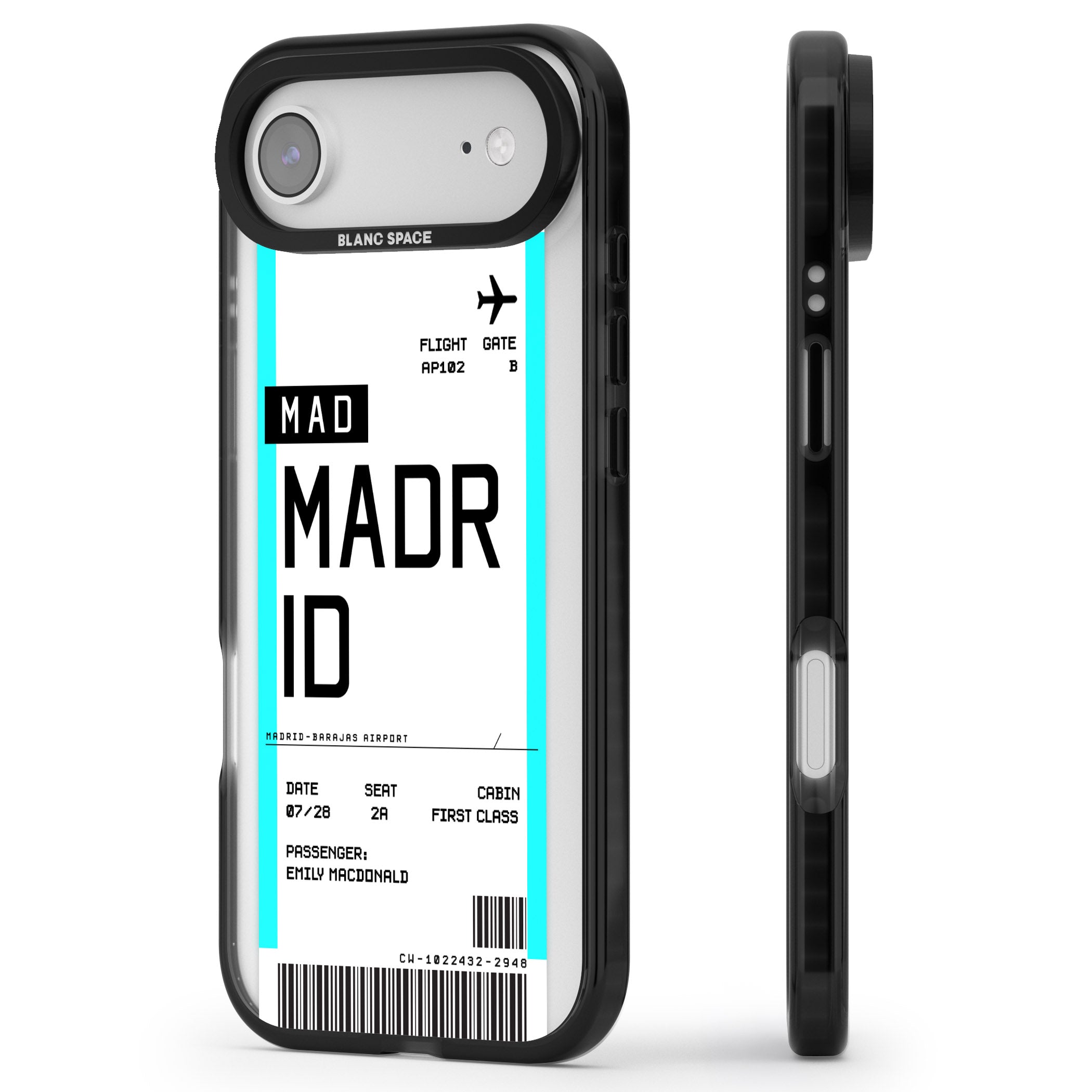 Personalised Madrid Boarding Pass iPhone 17 Air Impact Pro Black Phone Case Side Profile