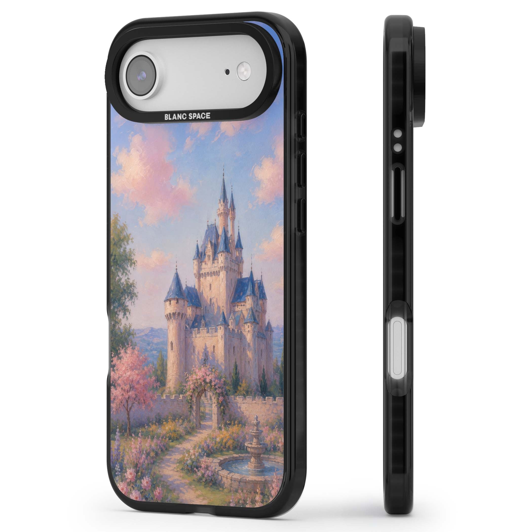 Enchanted Kingdom fairytale iPhone case featuring a romantic castle painting with cherry blossoms and pastel pink sky | Black Impact Magsafe case for iPhone Air