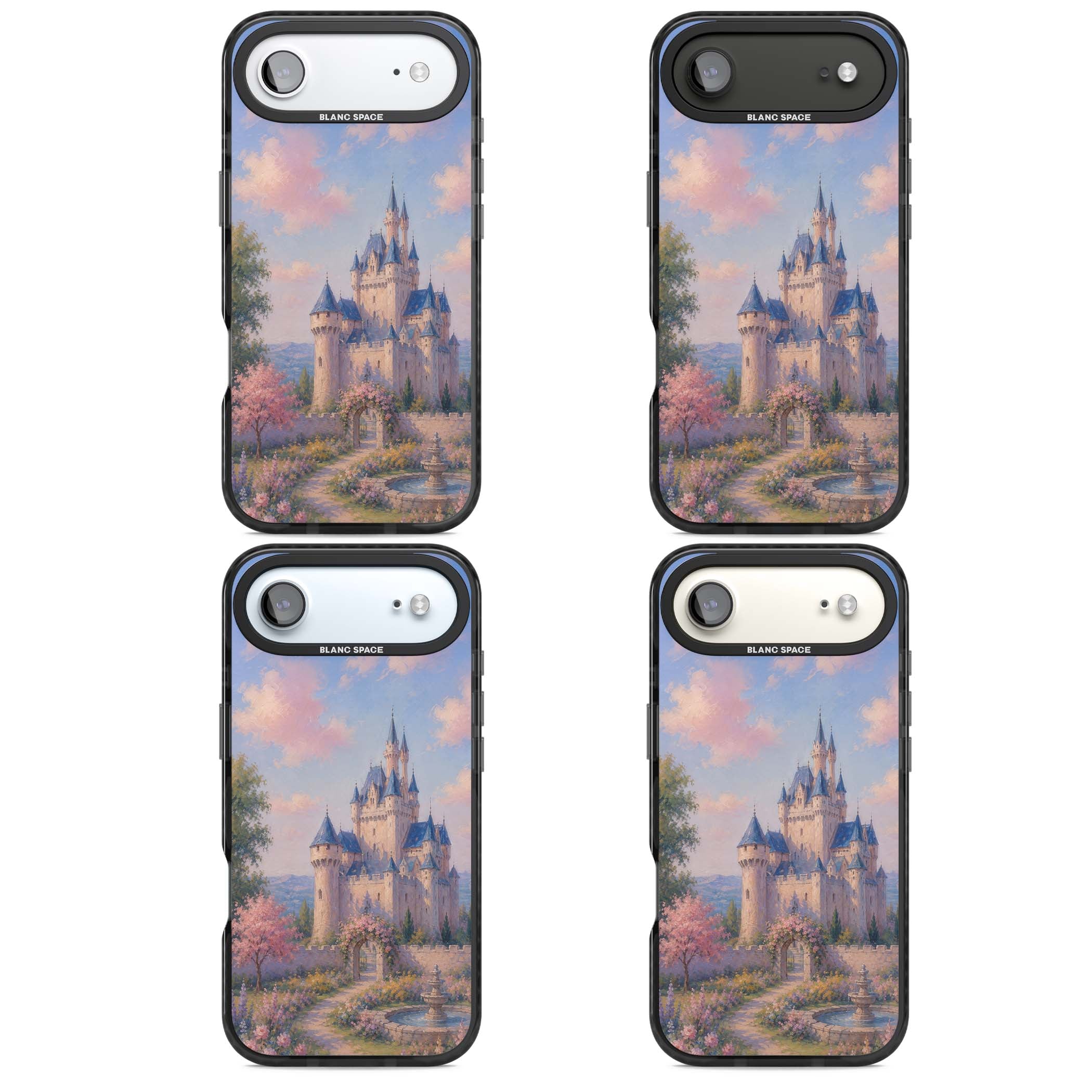 Enchanted Kingdom fairytale iPhone case featuring a romantic castle painting with cherry blossoms and pastel pink sky | Black Impact Magsafe case for iPhone Air