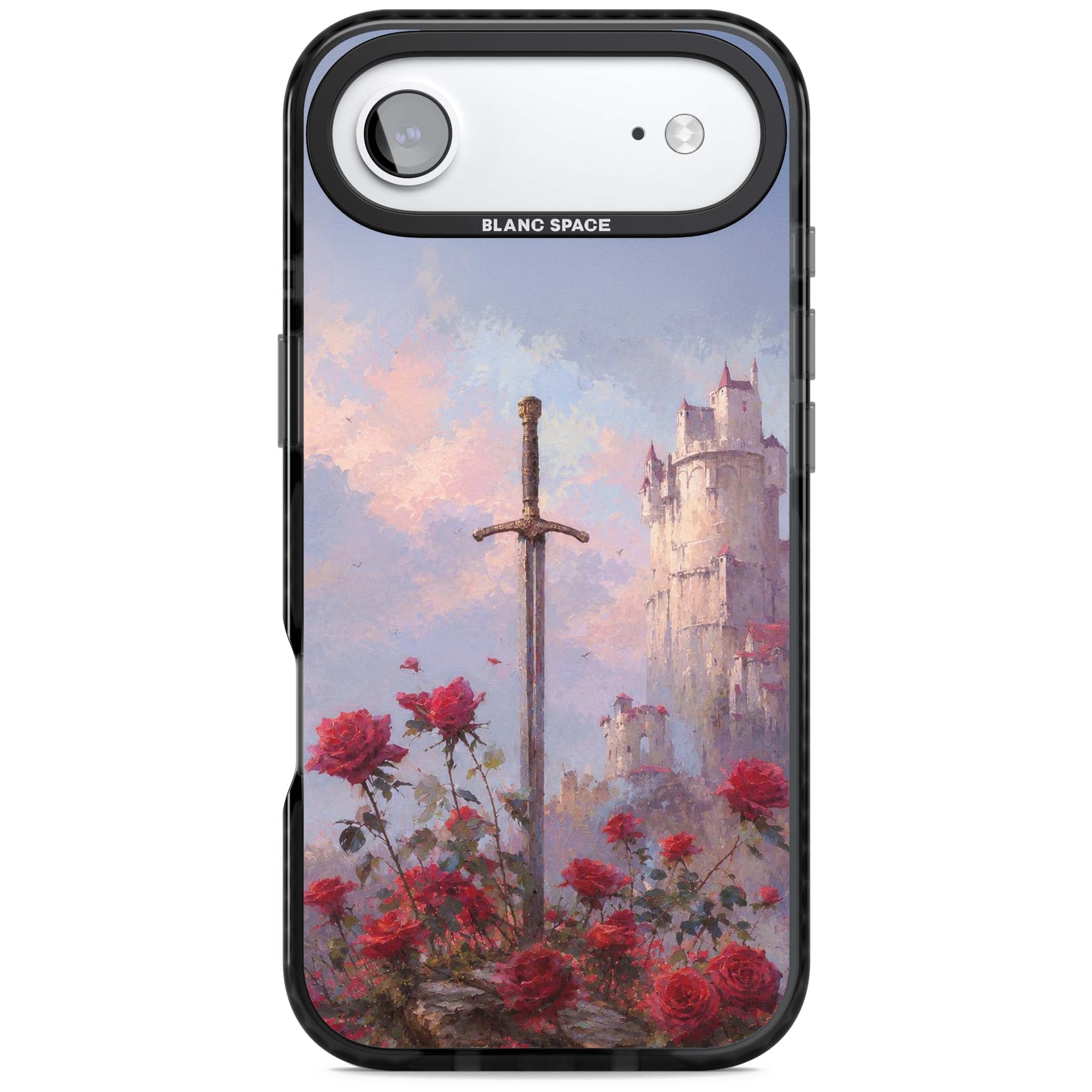 Sword in Roses medieval art iPhone case featuring a sword, red roses, and a misty fairytale castle at sunset | Black Impact Magsafe case for iPhone Air