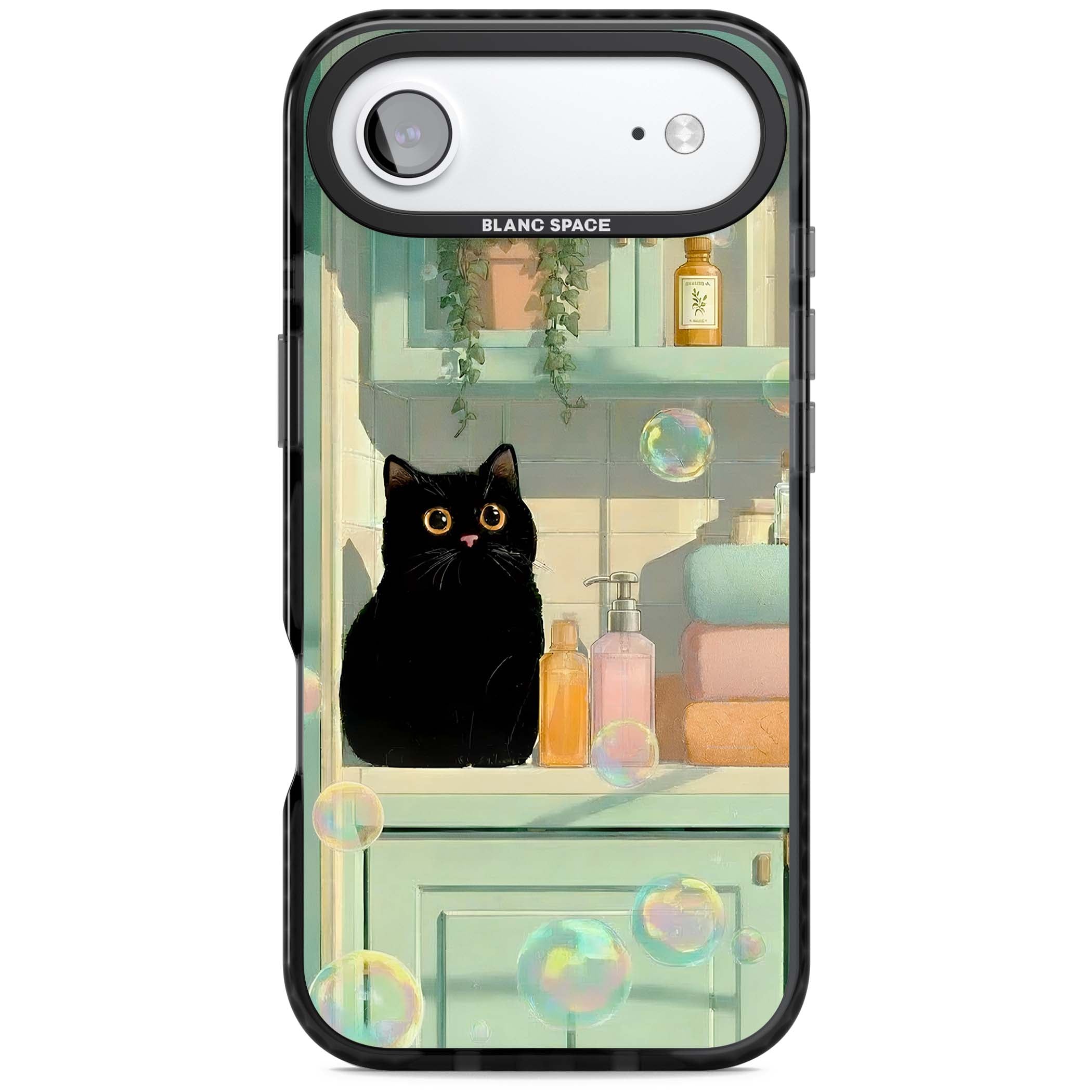 Bathroom Bubble Kitty cottagecore iPhone case featuring a black cat, mint bathroom scene and floating soap bubbles | Black Impact Magsafe case for iPhone Air