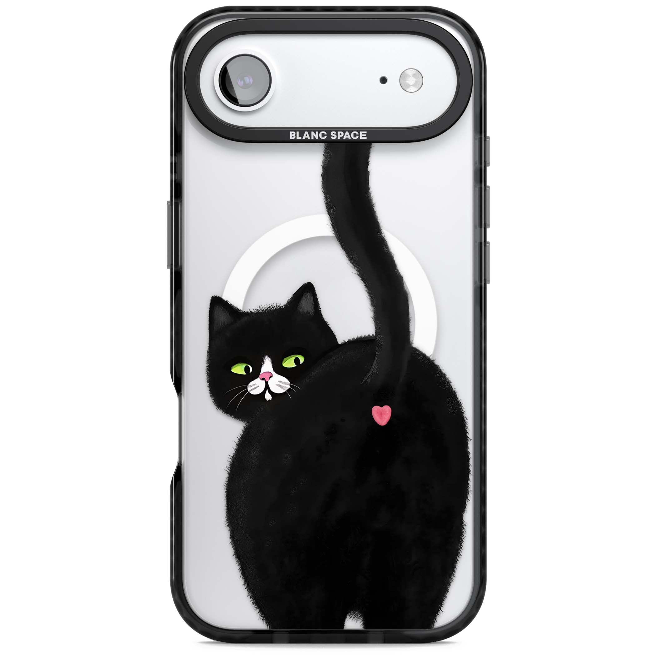The Cat's Kiss cute cat iPhone case featuring a hand-painted tuxedo kitty with green eyes and a pink heart on a clear | Black Impact Magsafe case for iPhone Air