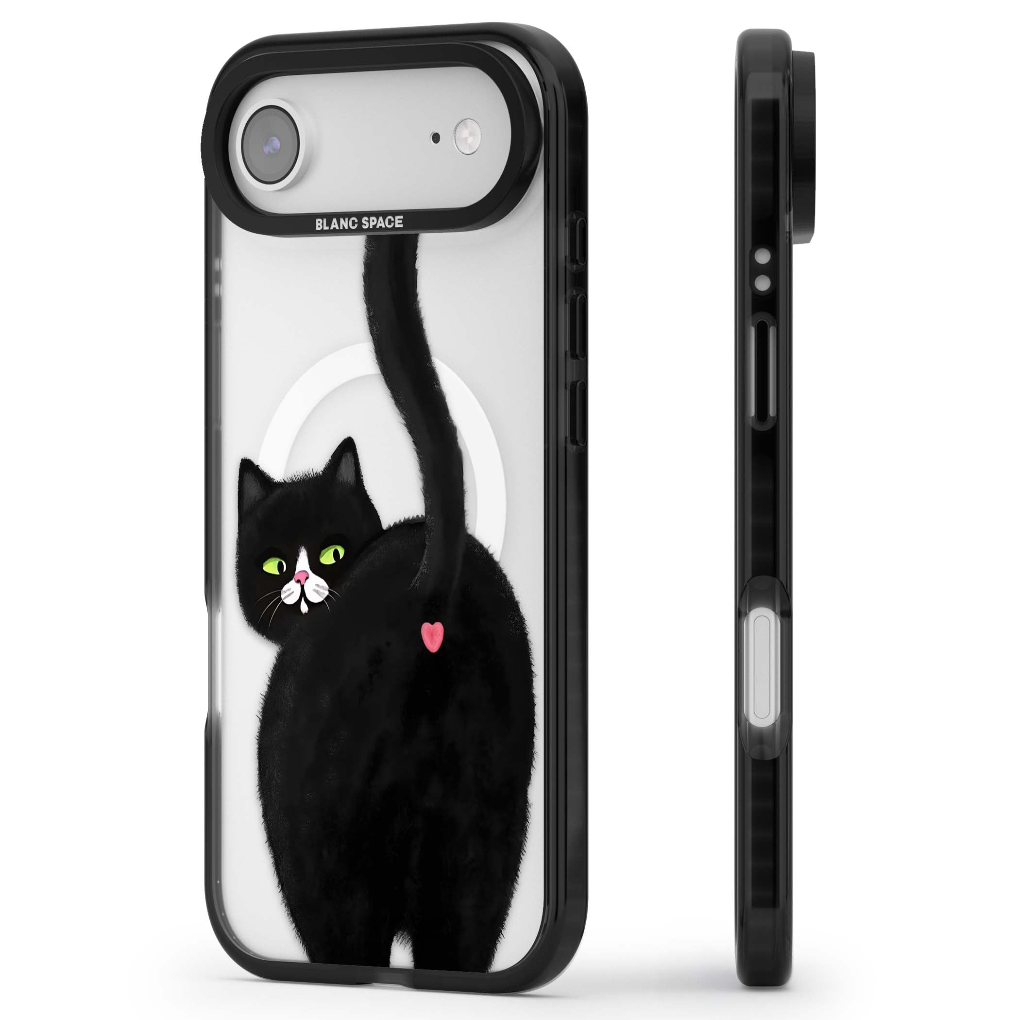 The Cat's Kiss cute cat iPhone case featuring a hand-painted tuxedo kitty with green eyes and a pink heart on a clear | Black Impact Magsafe case for iPhone Air
