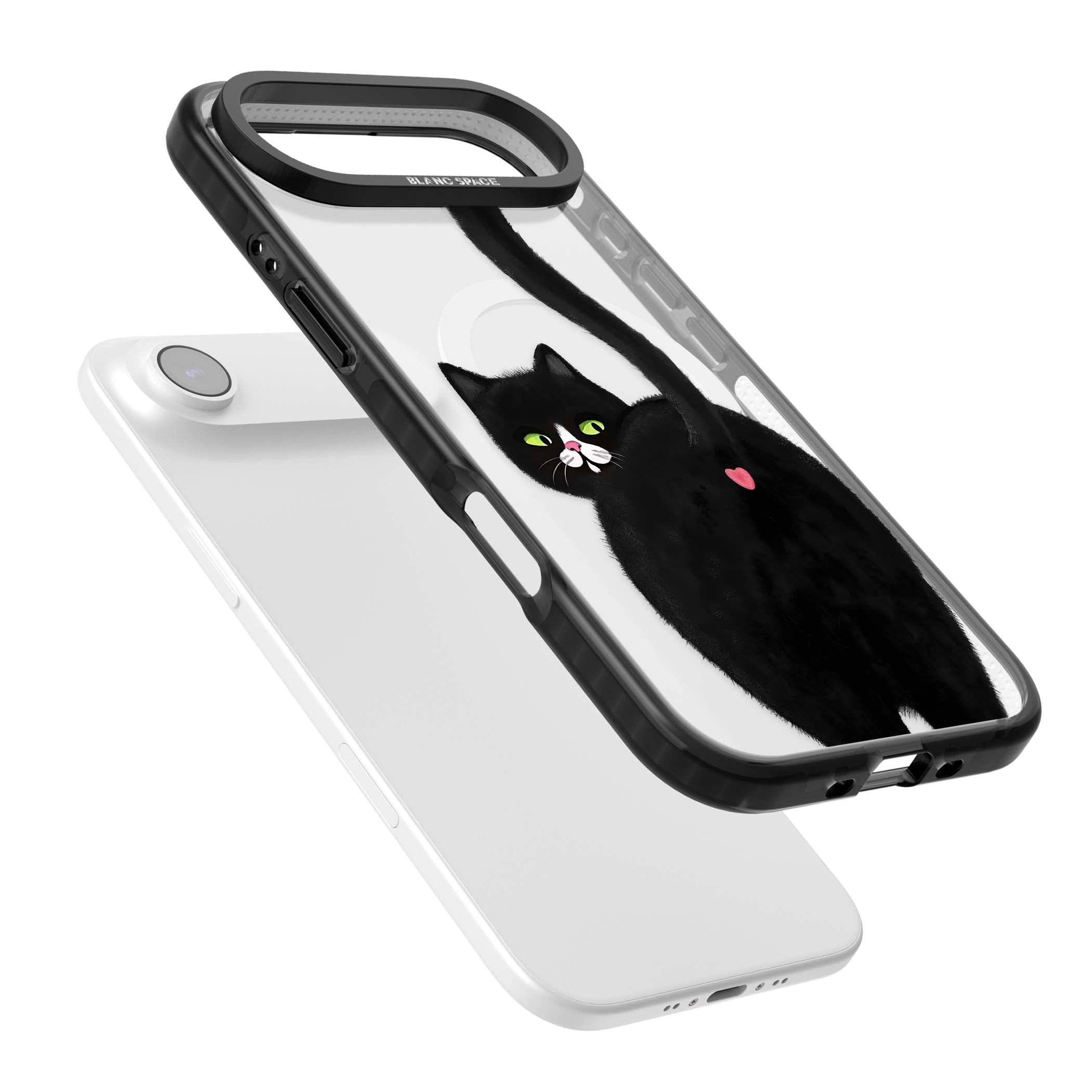 The Cat's Kiss cute cat iPhone case featuring a hand-painted tuxedo kitty with green eyes and a pink heart on a clear | Black Impact Magsafe case for iPhone Air