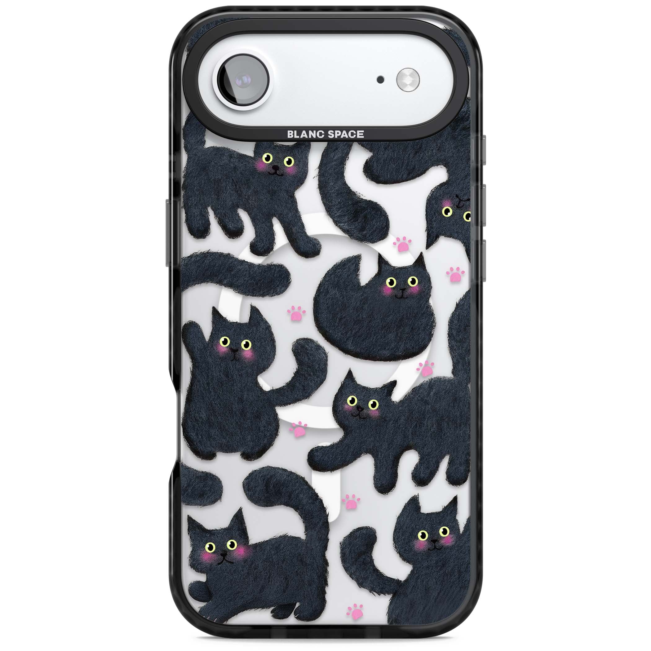 Midnight Cats cute iPhone case featuring black cat pattern with yellow eyes and pink paw prints | Black Impact Magsafe case for iPhone Air