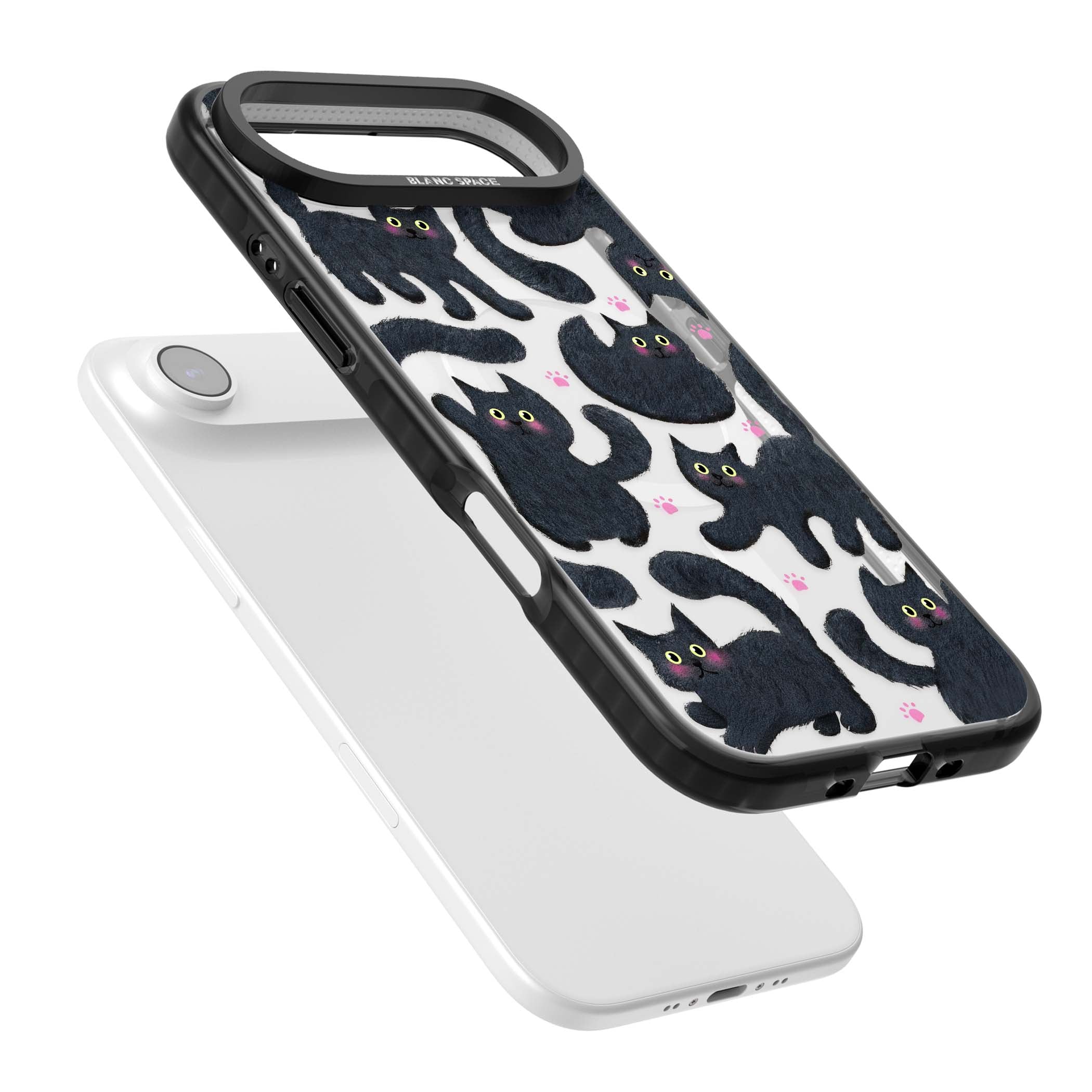 Midnight Cats cute iPhone case featuring black cat pattern with yellow eyes and pink paw prints | Black Impact Magsafe case for iPhone Air