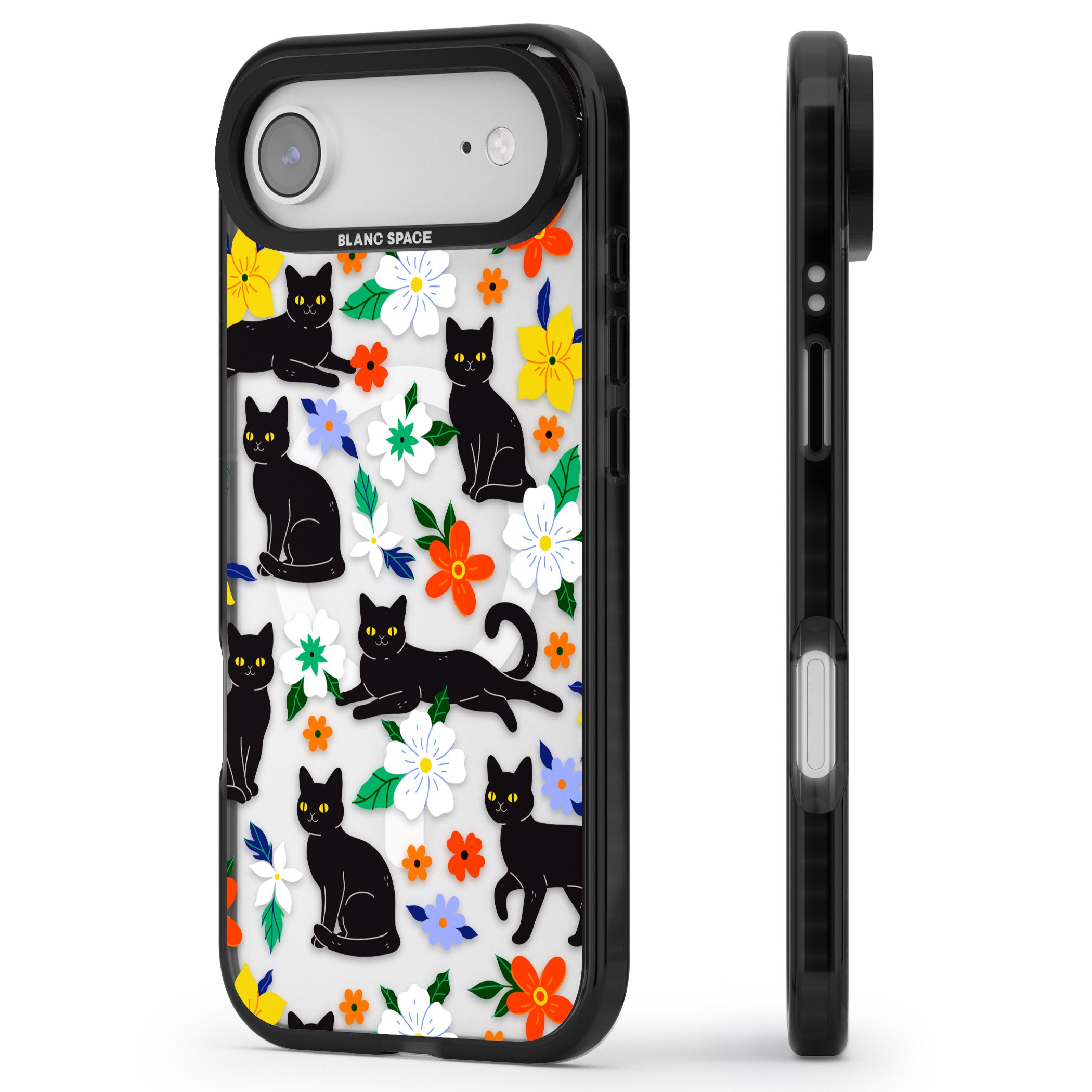 Cats Flowers iPhone 17 Air Impact Pro Black Phone Case Side Profile