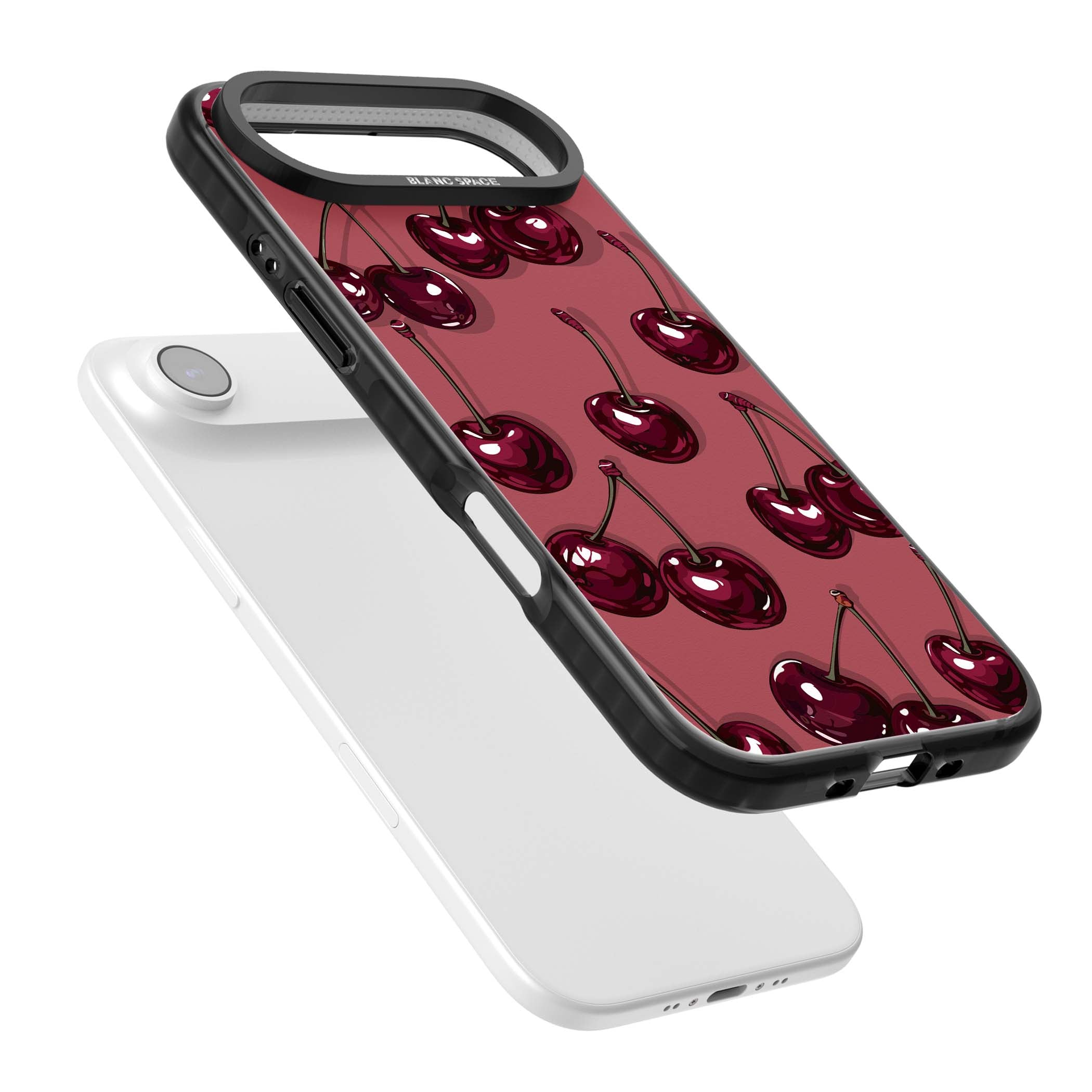Cherry Rebel coquette iPhone case featuring glossy burgundy cherries on a dusty rose background | Black Impact Magsafe case for iPhone Air