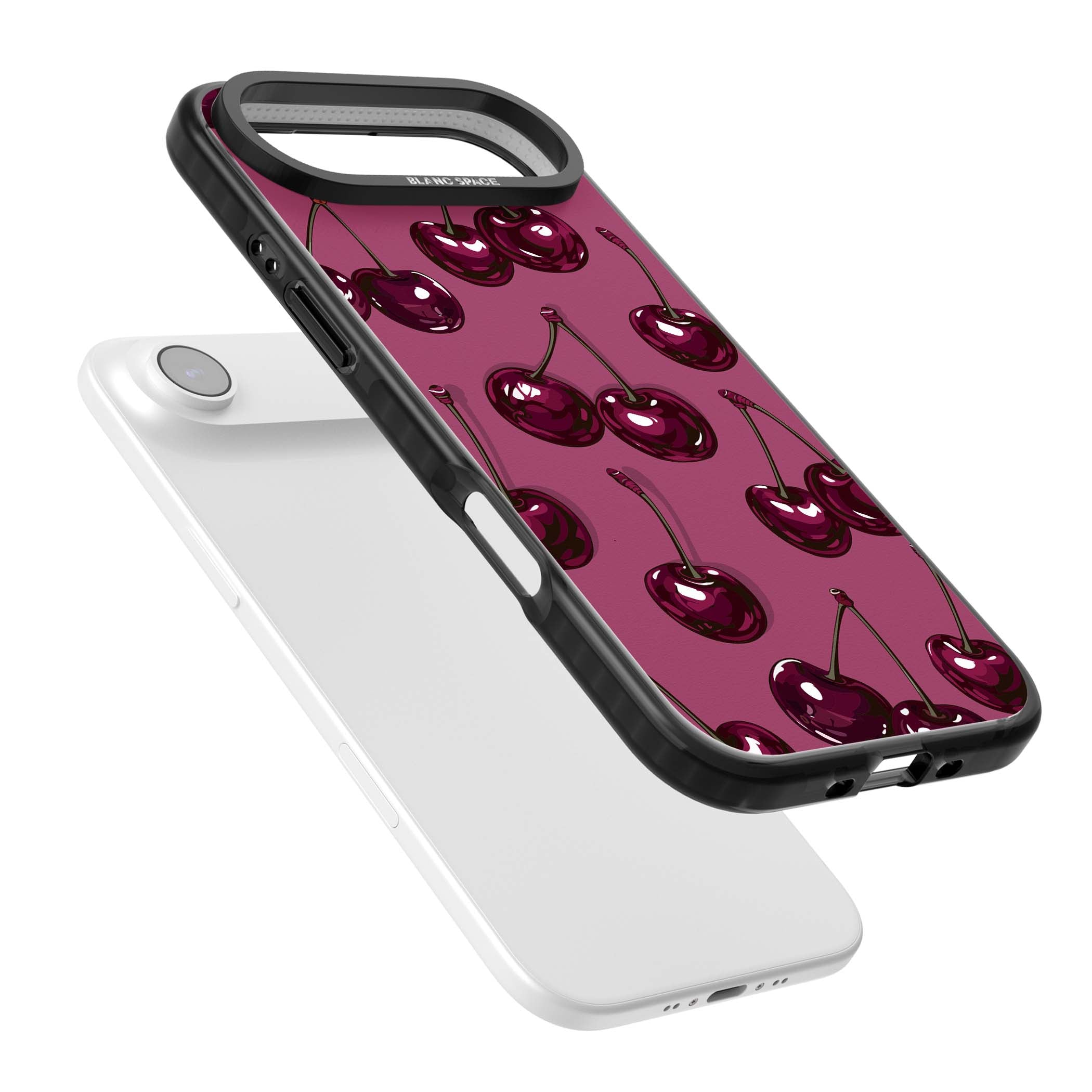 Cherry Soda coquette iPhone case featuring glossy burgundy cherries on a dusty pink background | Black Impact Magsafe case for iPhone Air
