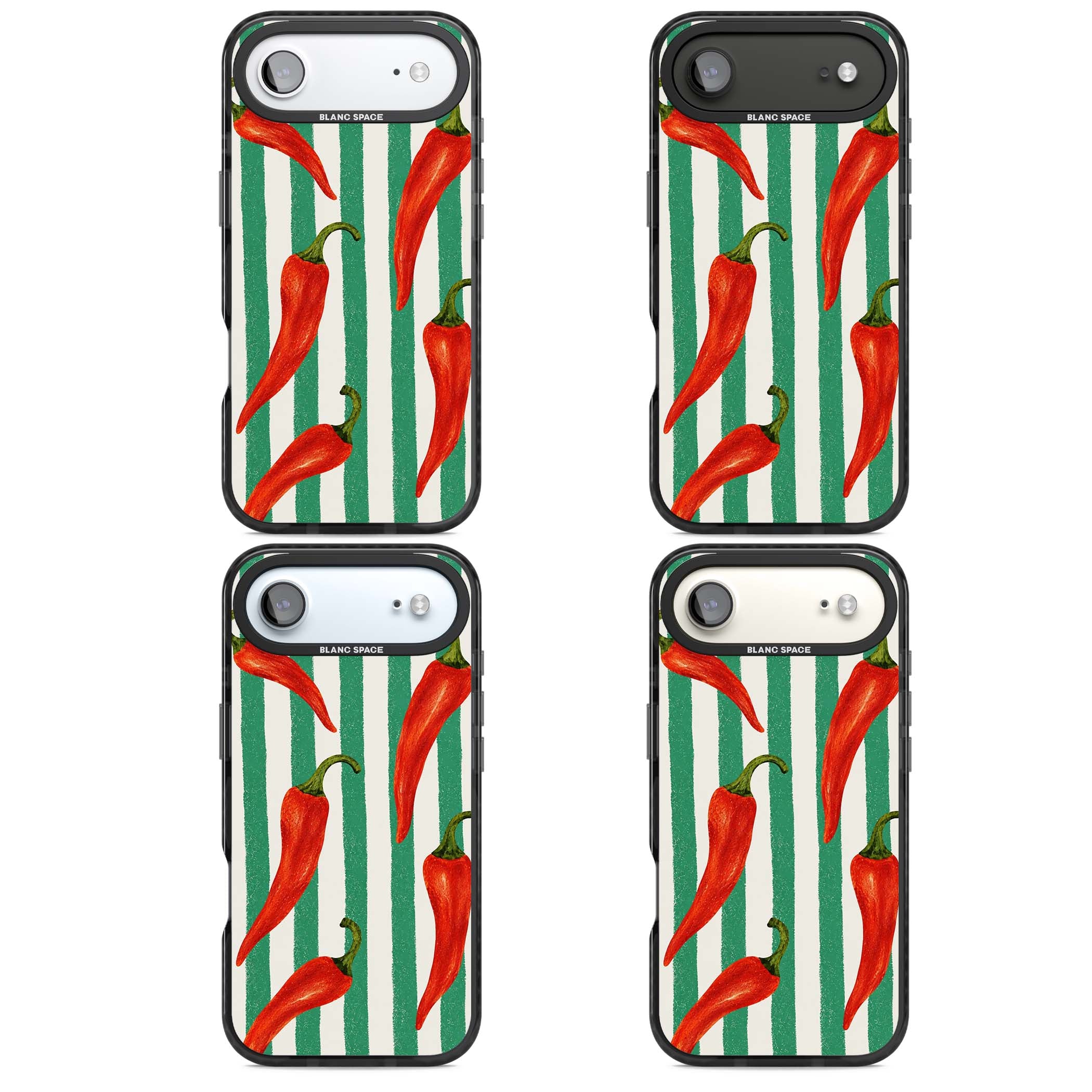 Striped Chillis coastal iPhone case featuring hand-painted red chili peppers on green and cream stripes | Black Impact Magsafe case for iPhone Air
