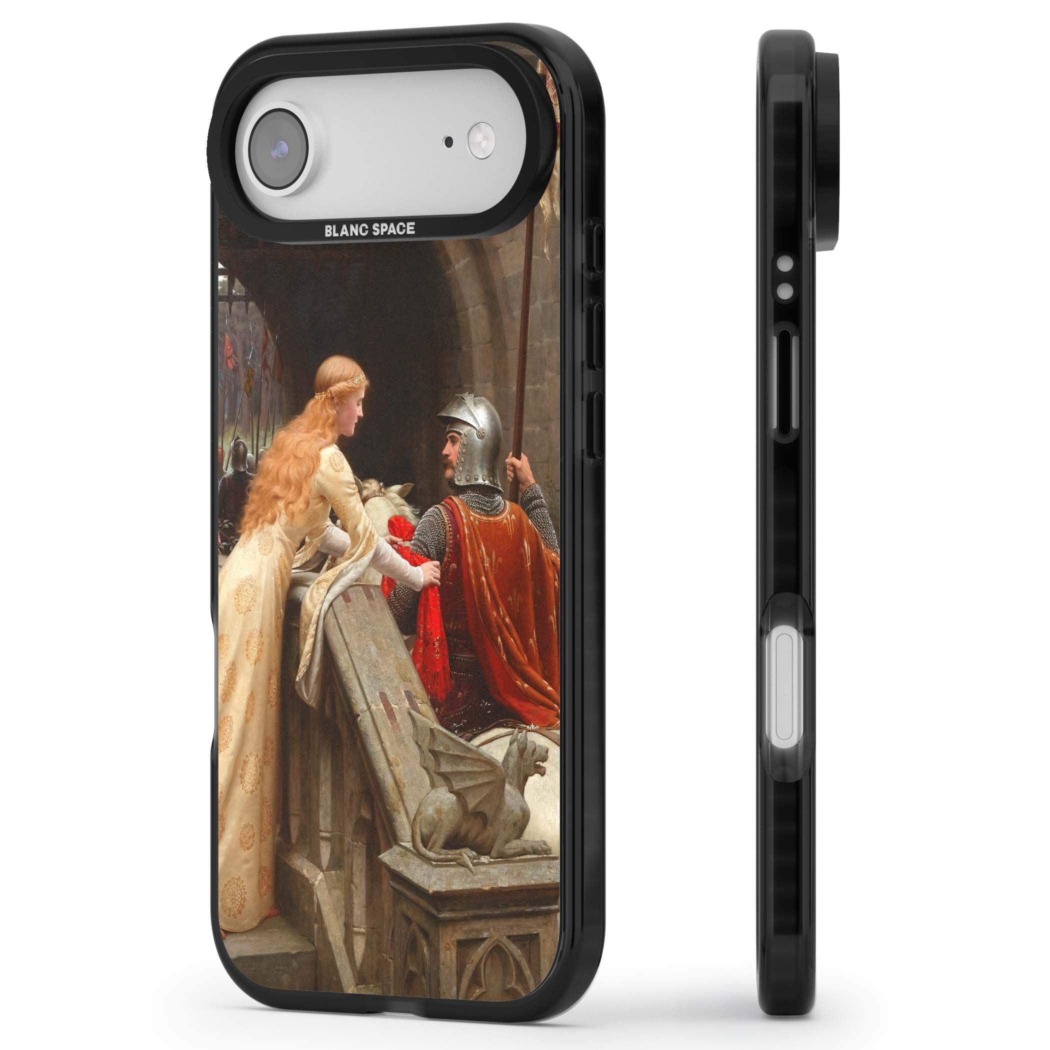 God Speed fine art iPhone case featuring Edmund Blair Leighton's medieval knight and lady beneath a stone archway | Black Impact Magsafe case for iPhone Air