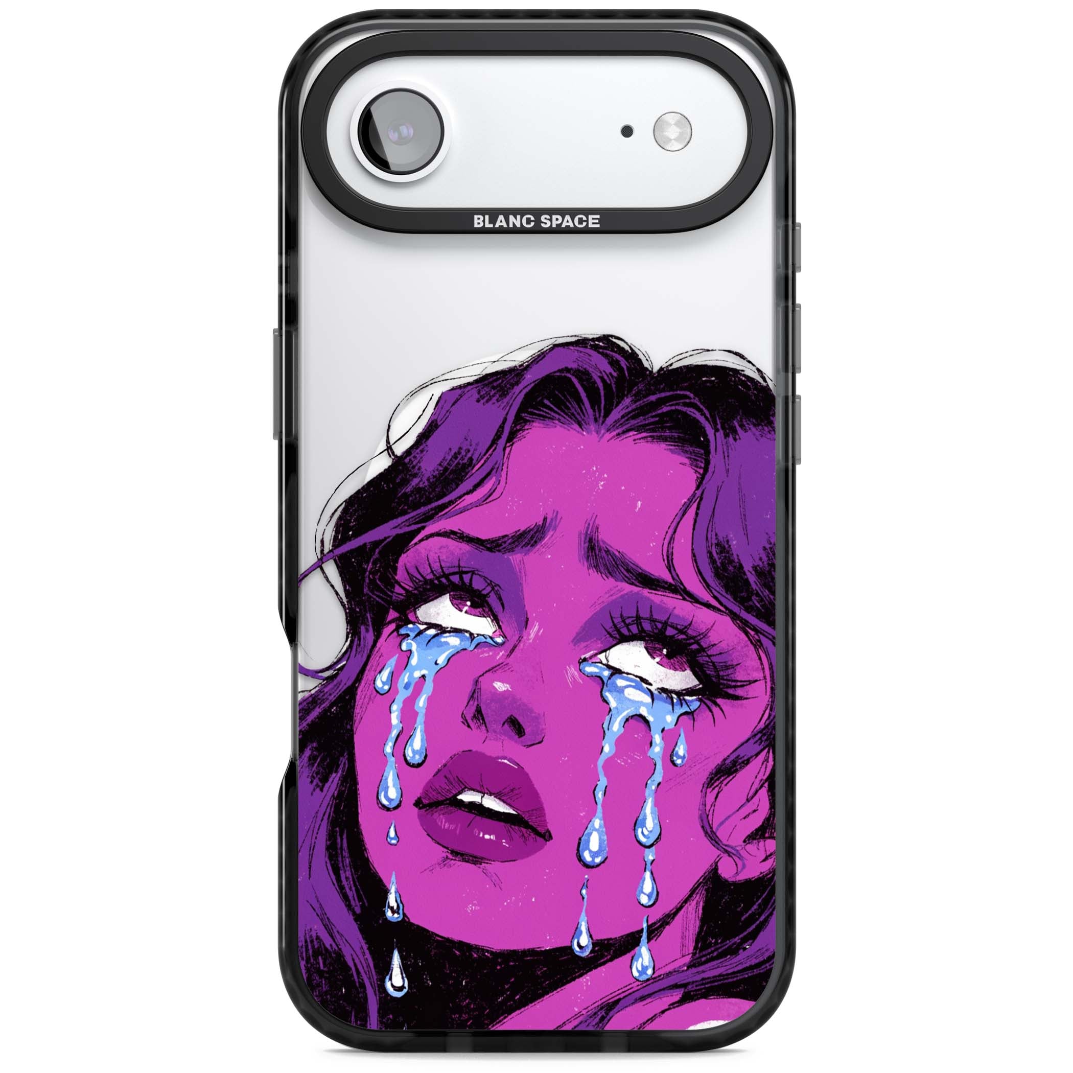 Drama Queen pop art iPhone case featuring a purple crying comic girl with blue tears | Black Impact Magsafe case for iPhone Air