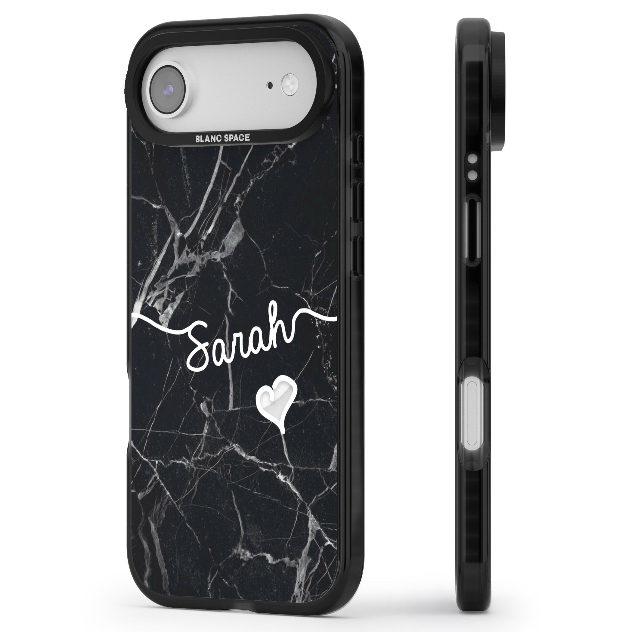 Personalised Black Marble Heart iPhone 17 Air Impact Pro Black Phone Case Side Profile