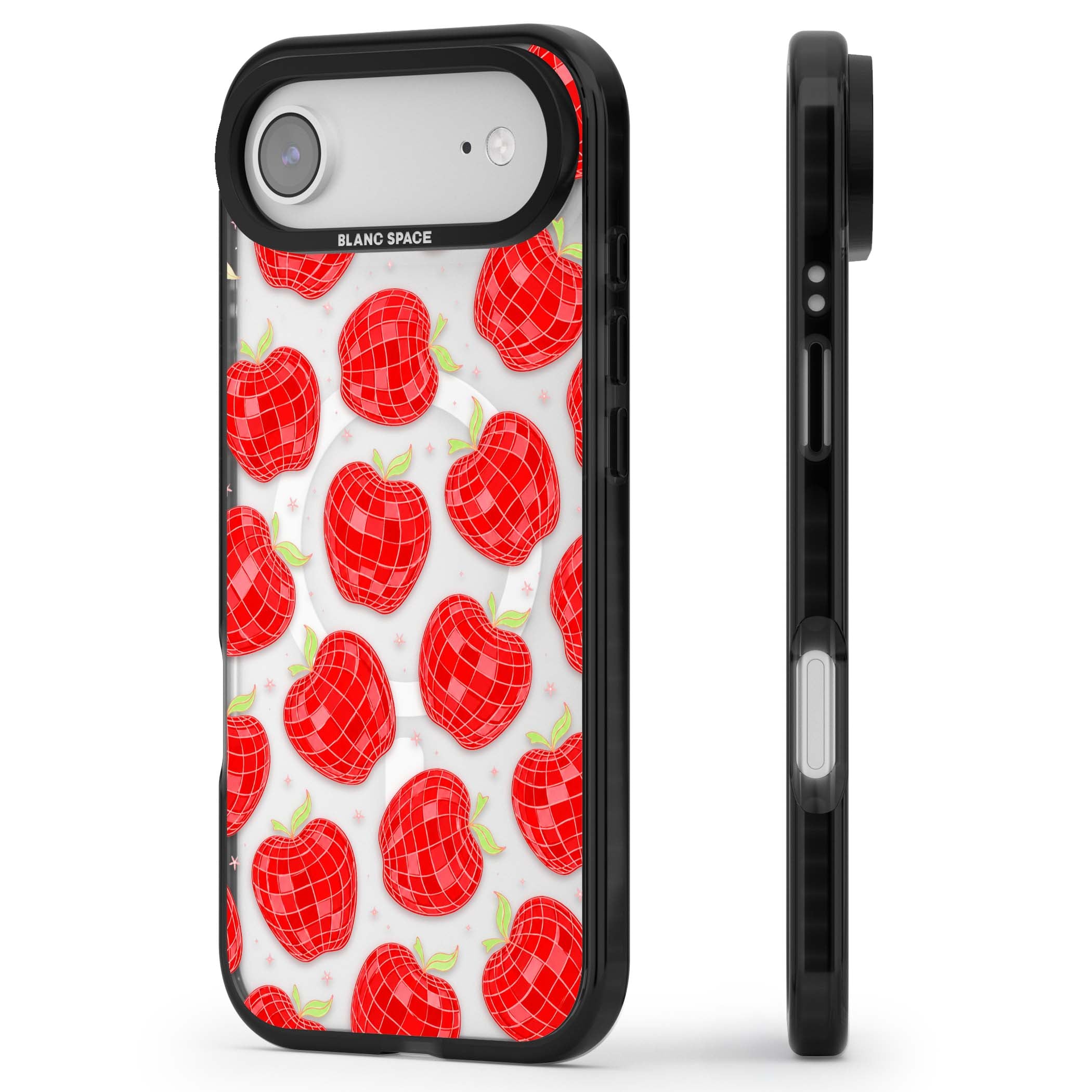 Disco Apples Y2K iPhone case featuring red disco ball apples, green leaves and pink sparkles on clear | Black Impact Magsafe case for iPhone Air