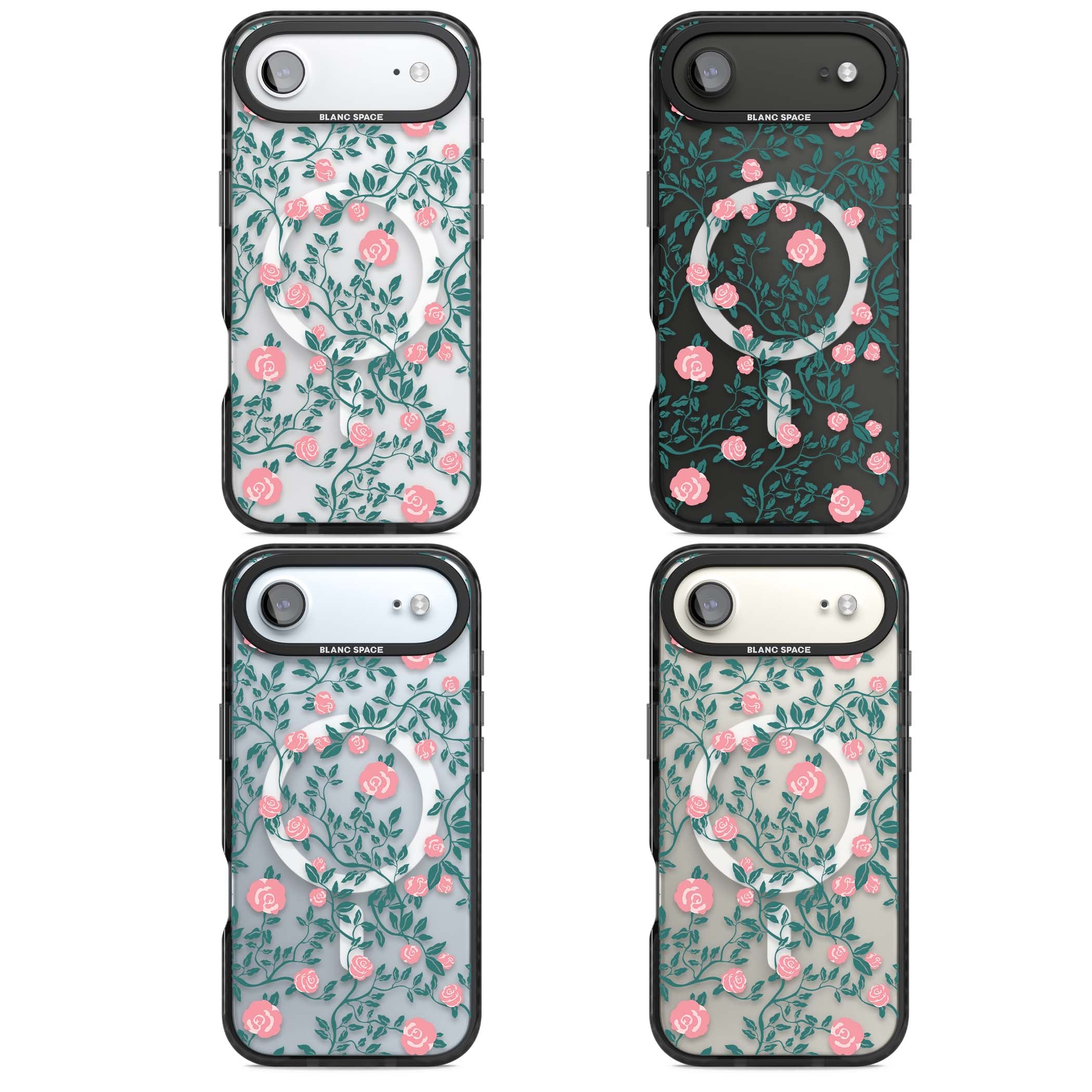 Rose Trellis (Clear) cottagecore iPhone case featuring pink climbing roses and green leaves on clear background | Black Impact Magsafe case for iPhone Air
