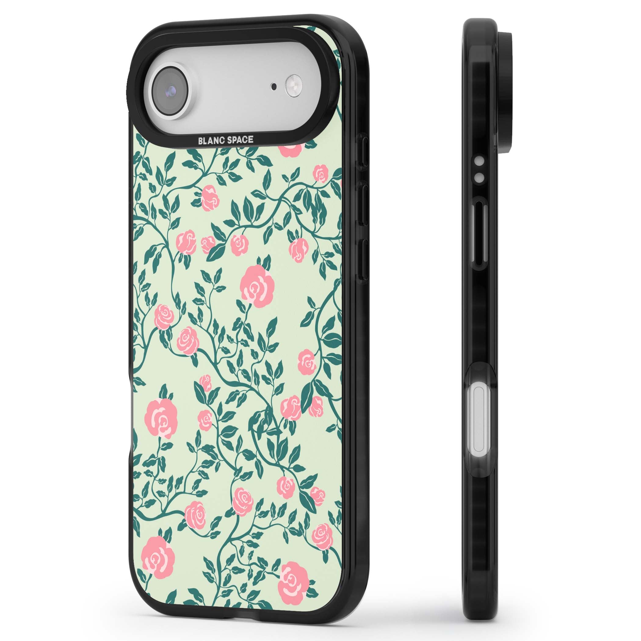 Rose Trellis cottagecore iPhone case featuring pink roses, sage green vines, and mint background | Black Impact Magsafe case for iPhone Air