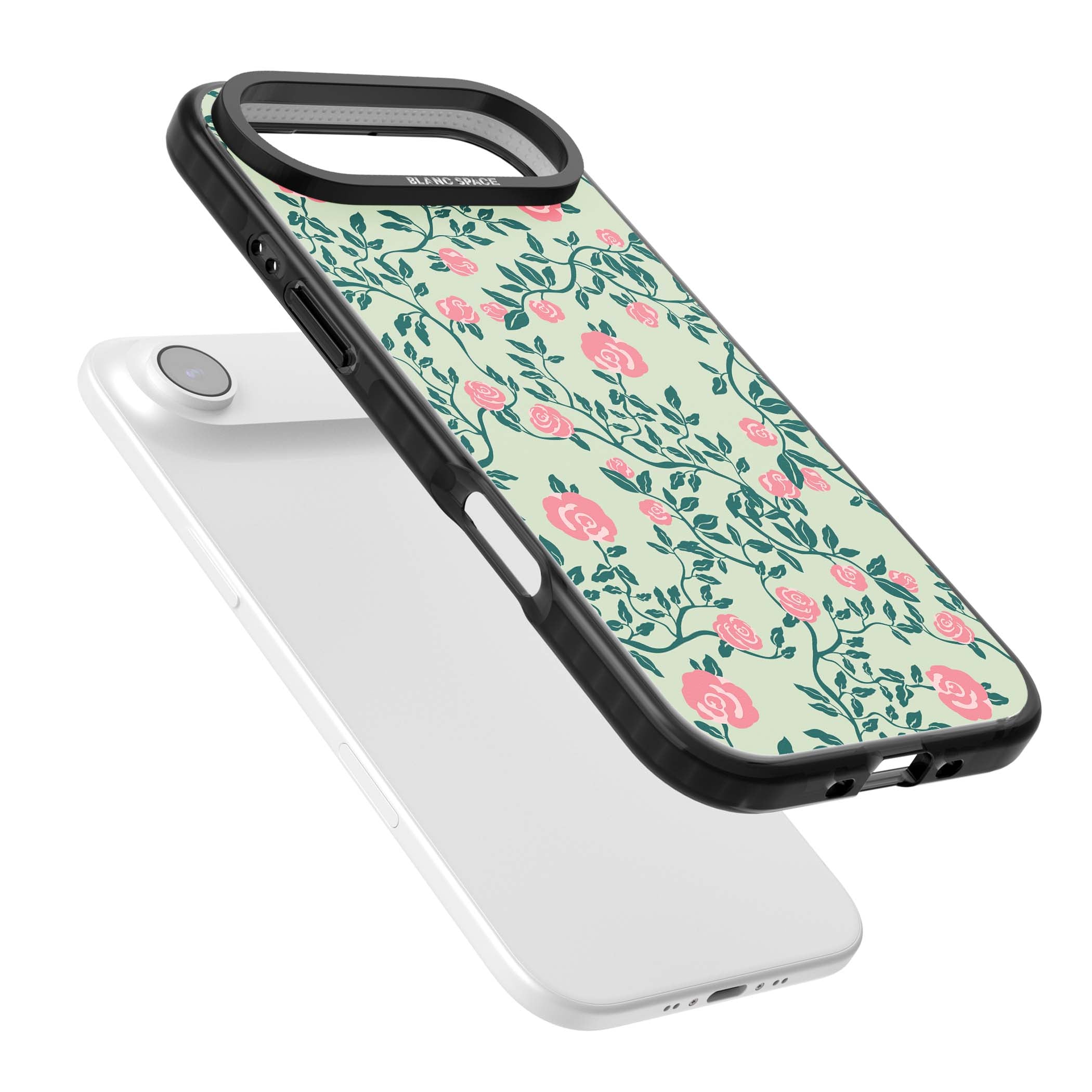 Rose Trellis cottagecore iPhone case featuring pink roses, sage green vines, and mint background | Black Impact Magsafe case for iPhone Air