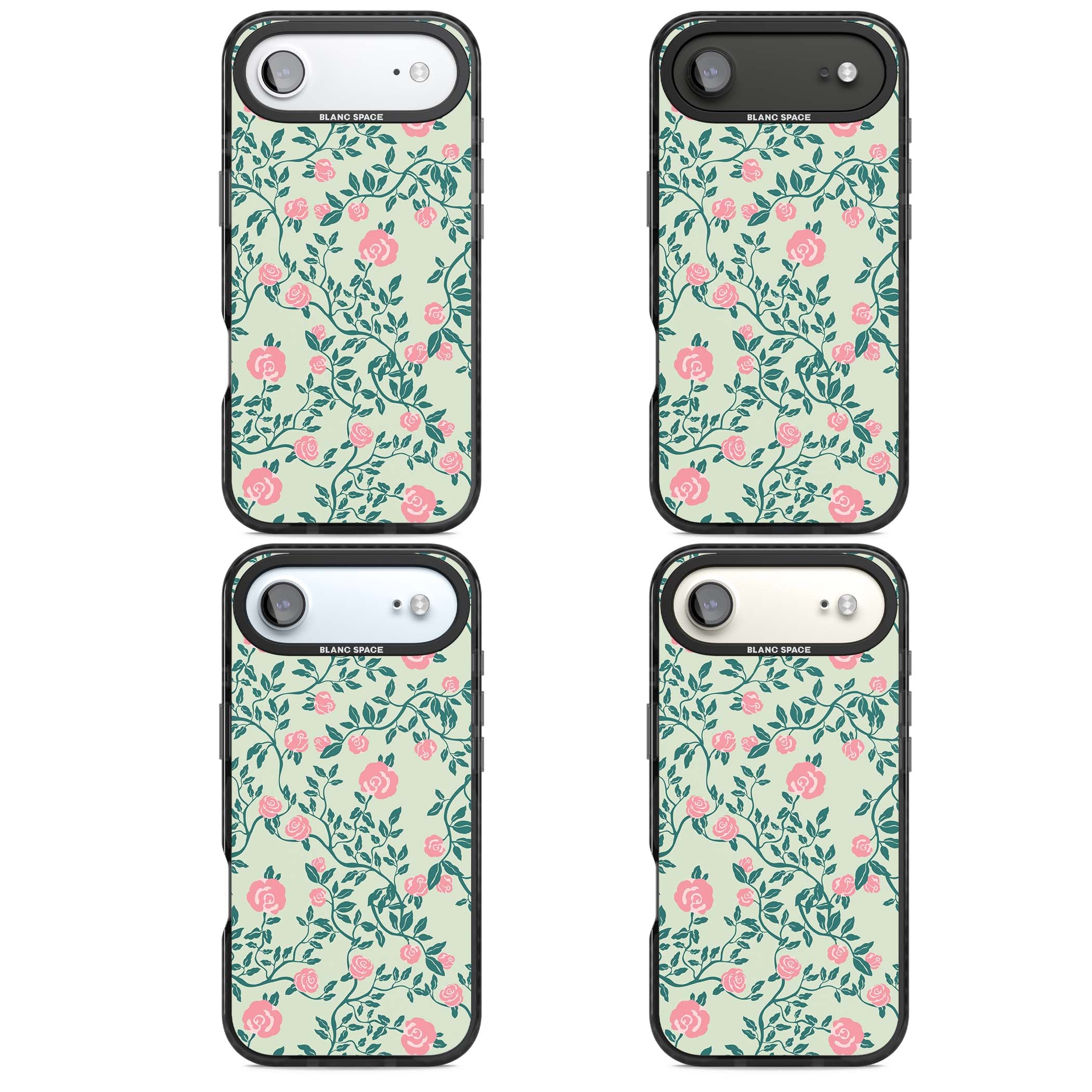 Rose Trellis cottagecore iPhone case featuring pink roses, sage green vines, and mint background | Black Impact Magsafe case for iPhone Air