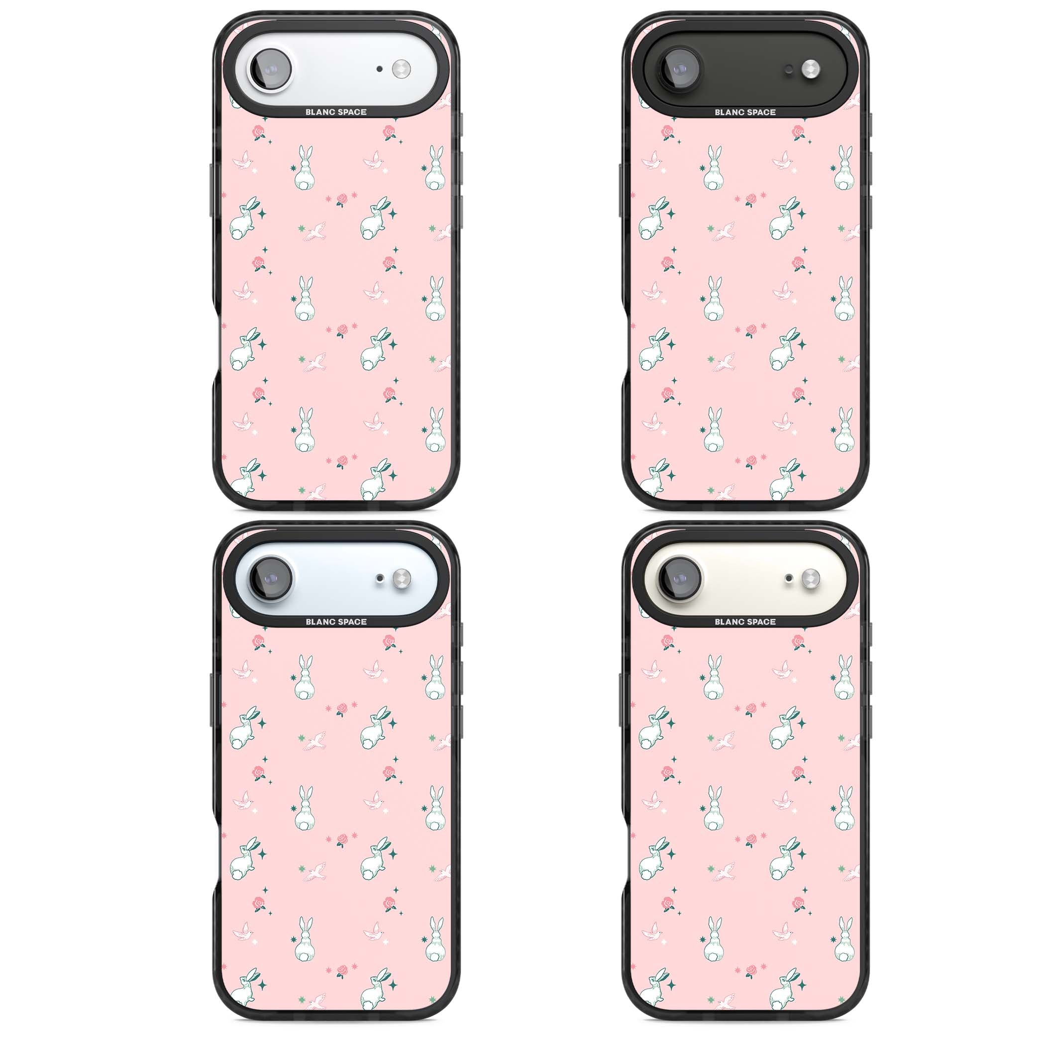 Bunny Garden kawaii iPhone case featuring white rabbits, pink roses, doves and stars on pink background | Black Impact Magsafe case for iPhone Air