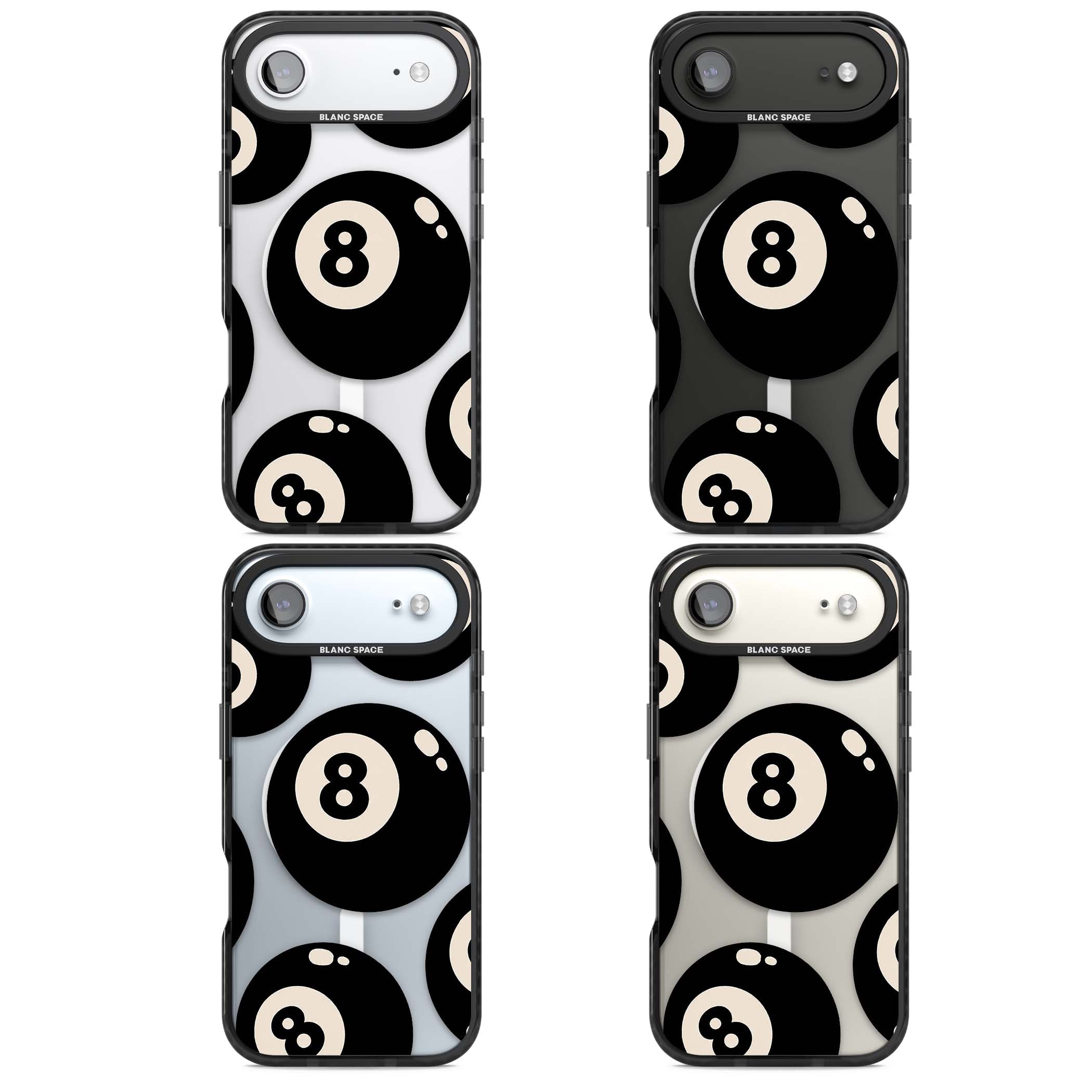 Eights y2k iPhone case featuring scattered black 8 balls with cream highlights on a clear background | Black Impact Magsafe case for iPhone Air
