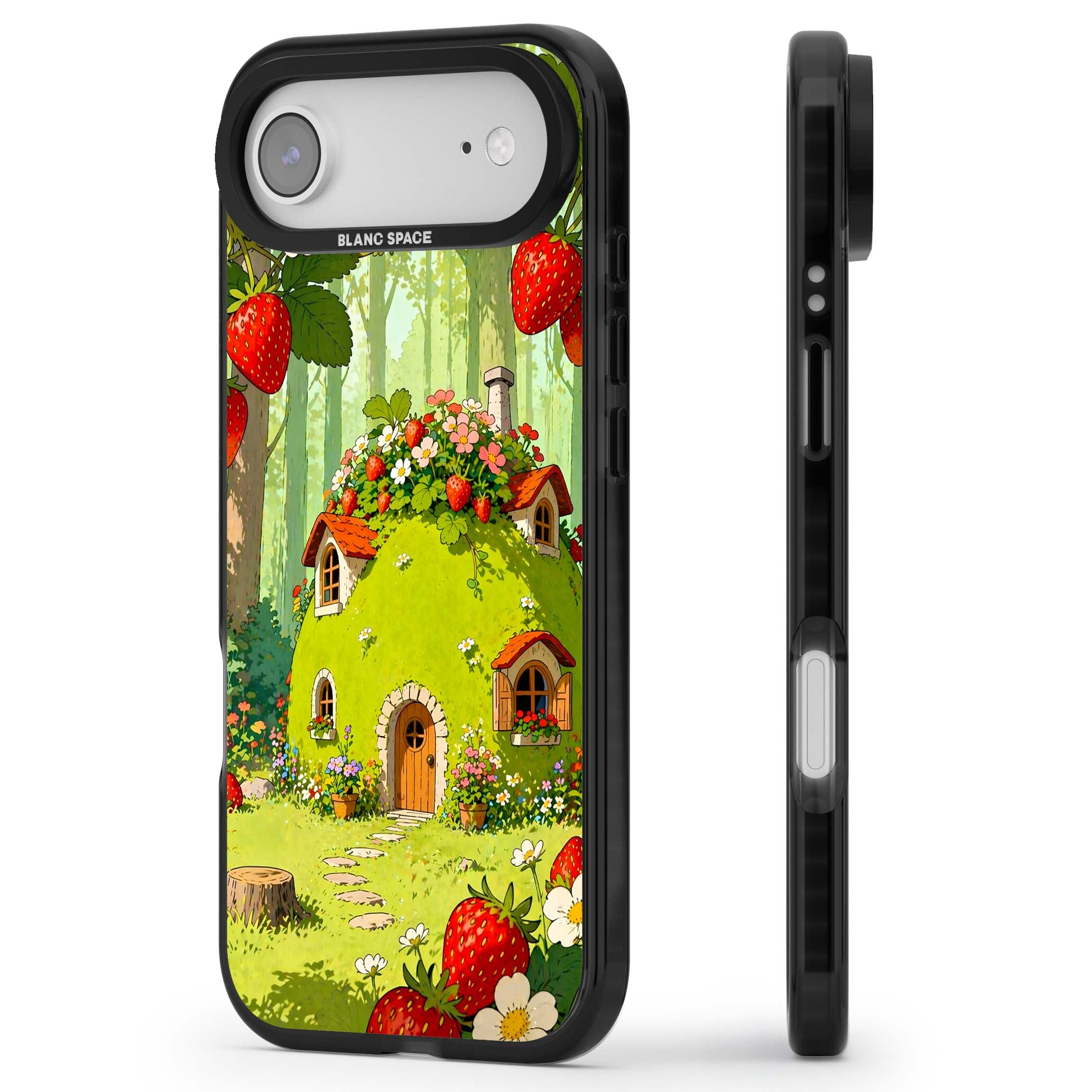 Strawberry Cottage cottagecore iPhone case featuring a green fairy house, wild strawberries and enchanted forest flowers | Black Impact Magsafe case for iPhone Air