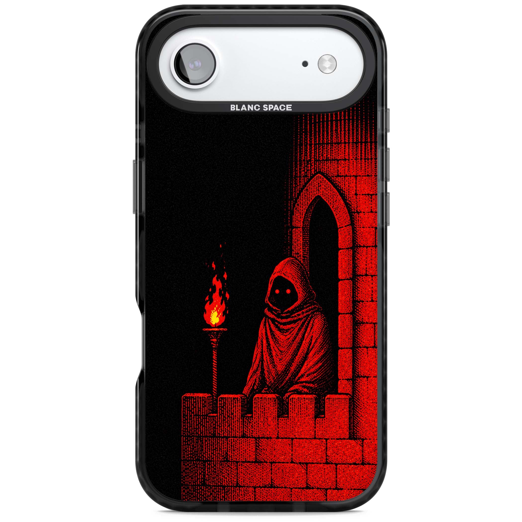 Crimson Crypt gothic iPhone case featuring a hooded reaper, torchlit crypt archway and red halftone horror art | Black Impact Magsafe case for iPhone Air