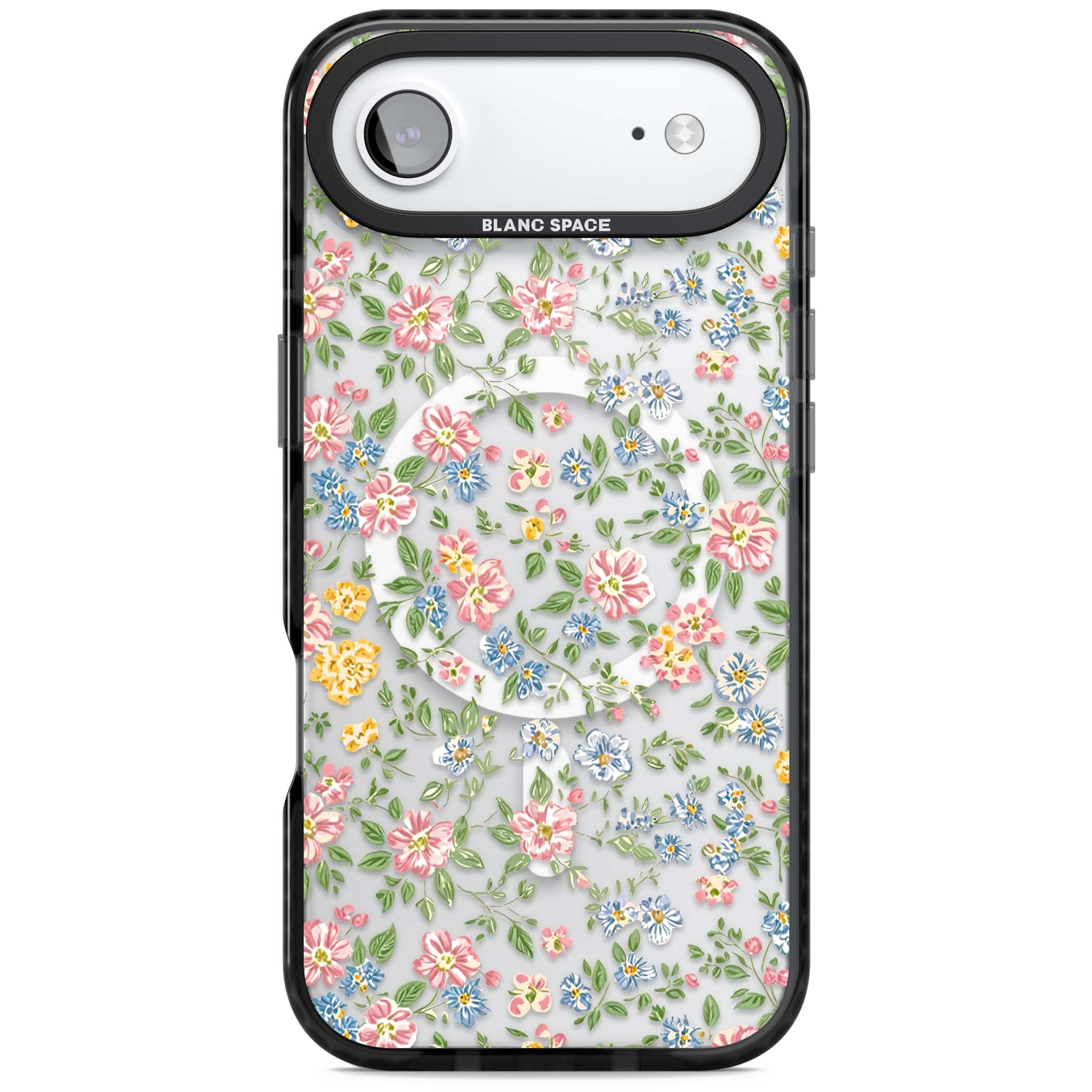 Soft Meadow cottagecore iPhone case featuring pink cosmos, blue forget-me-nots, yellow buttercups and green leaves sca | Black Impact Magsafe case for iPhone Air