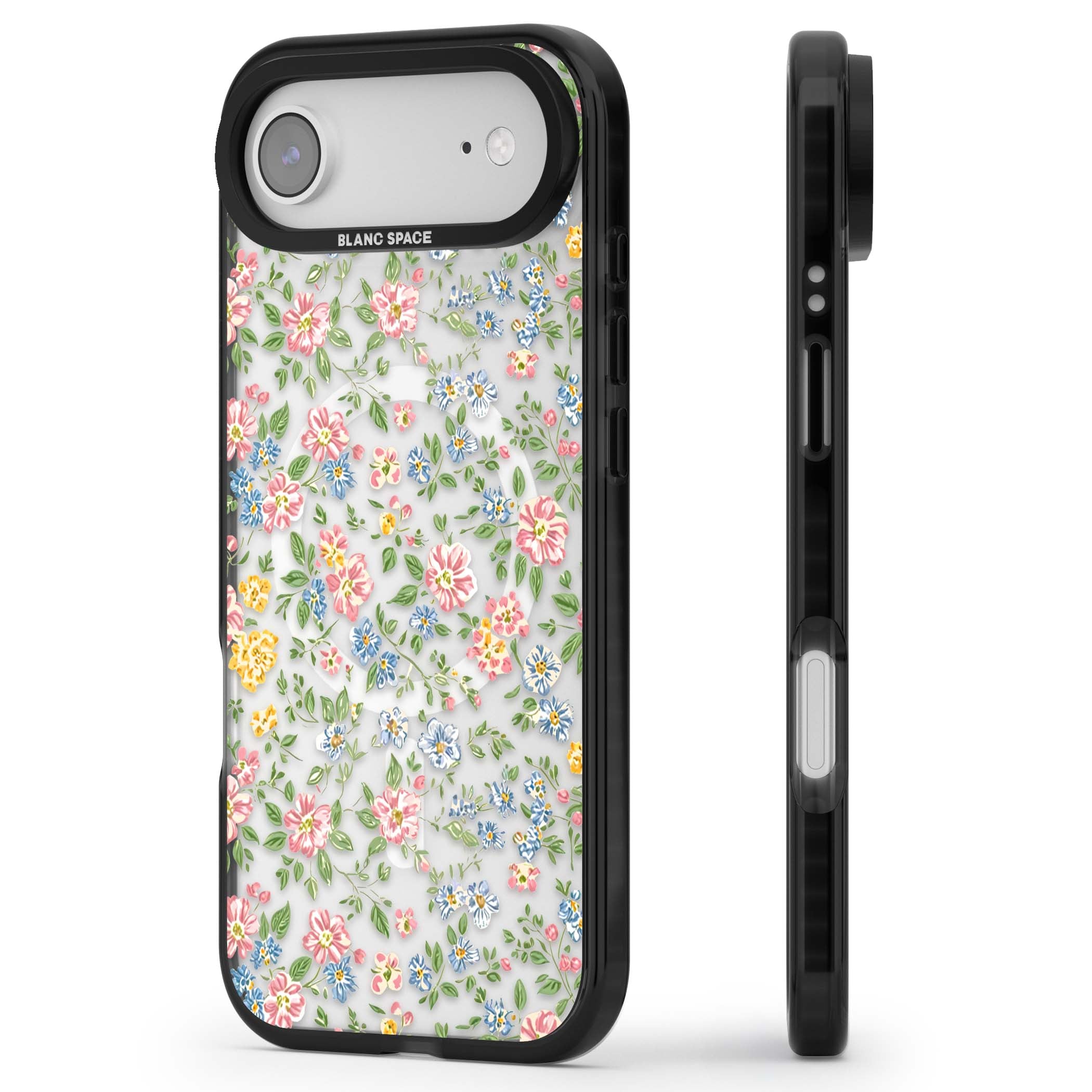 Soft Meadow cottagecore iPhone case featuring pink cosmos, blue forget-me-nots, yellow buttercups and green leaves sca | Black Impact Magsafe case for iPhone Air
