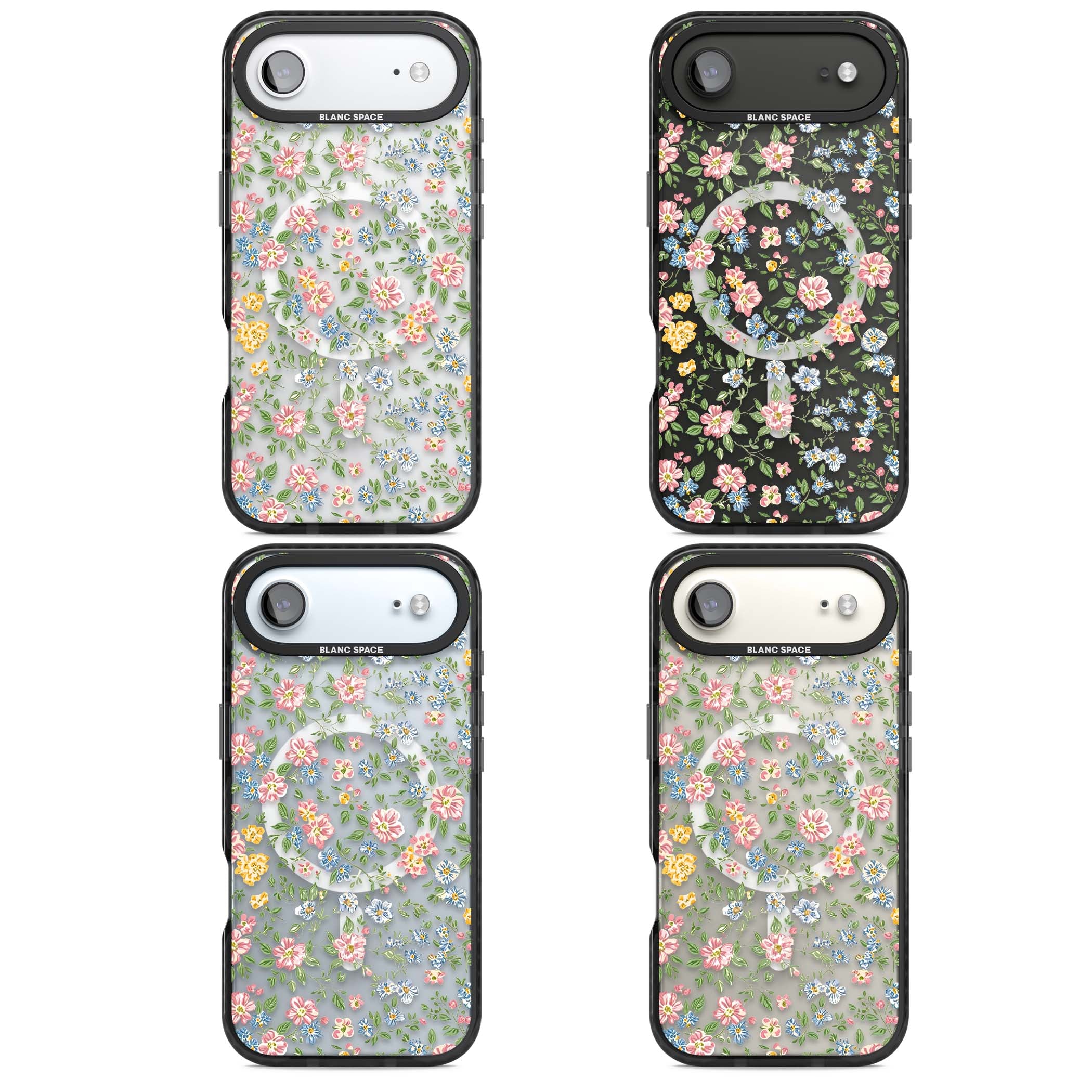 Soft Meadow cottagecore iPhone case featuring pink cosmos, blue forget-me-nots, yellow buttercups and green leaves sca | Black Impact Magsafe case for iPhone Air