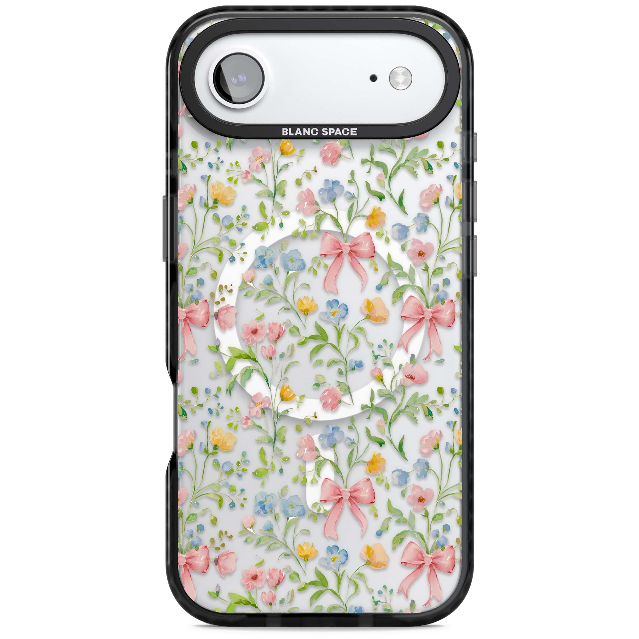 Ribbons & Wildflowers cottagecore iPhone case featuring watercolor wildflowers, pink satin bows, and delicate spring blooms o | Black Impact Magsafe case for iPhone Air